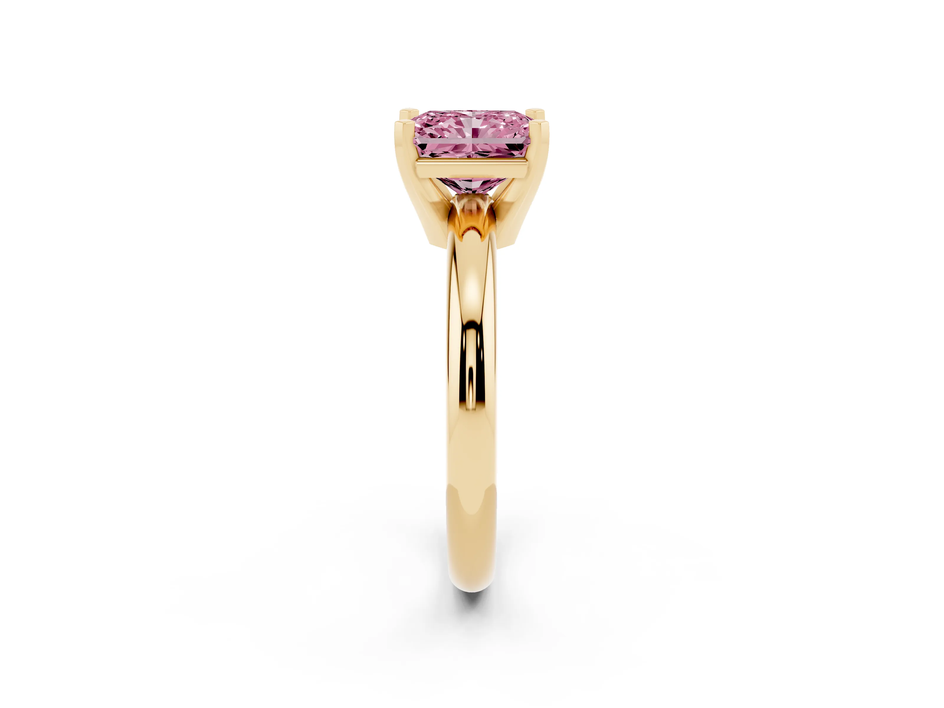 Fancy Pink Radiant Cut Diamond Solitaire Engagement Ring Set in Yellow gold with Round Band and Prong Setting