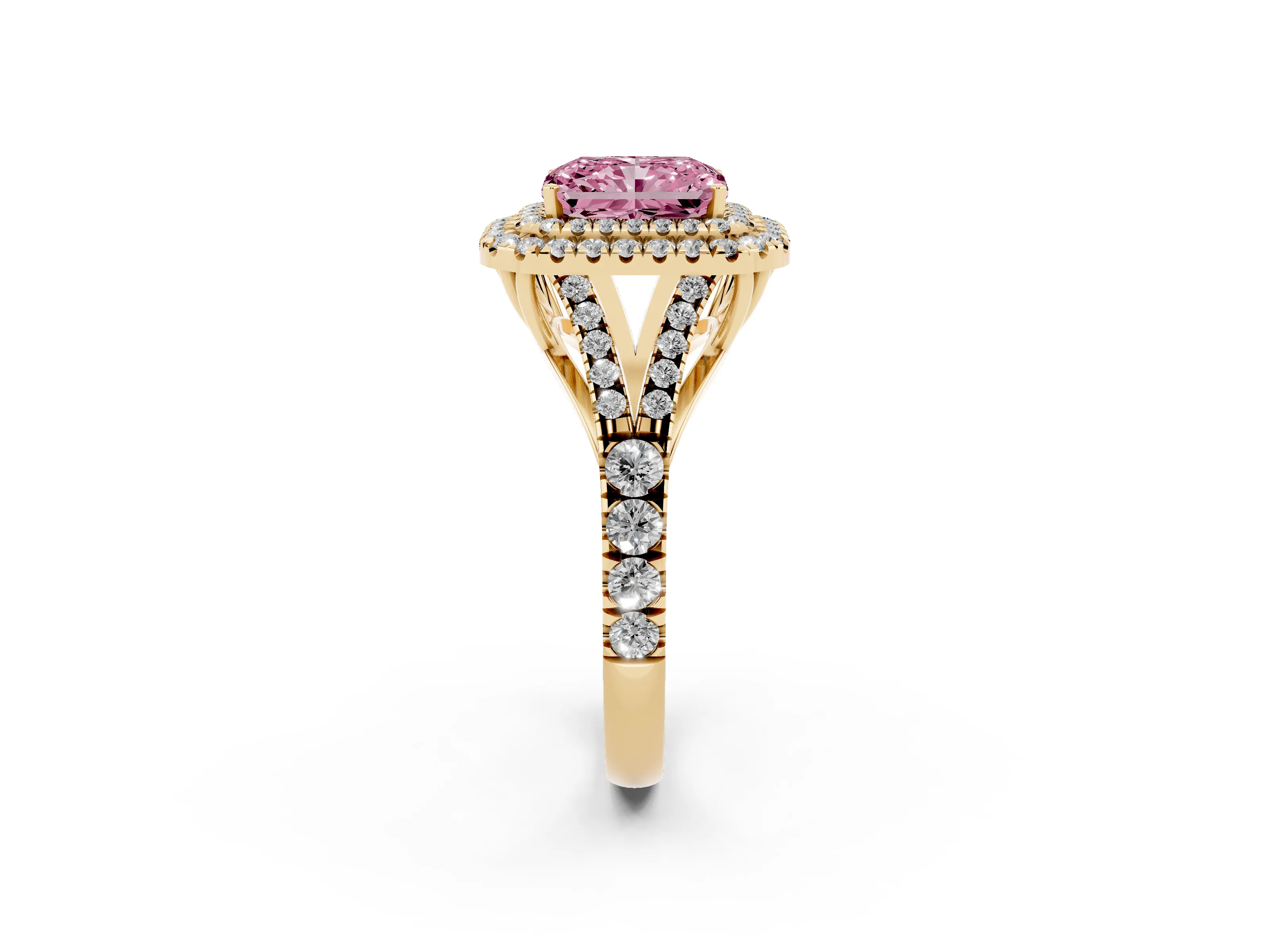 Fancy Pink Radiant Cut Diamond Pavé Split Shank Double Halo Engagement Ring Set in Yellow gold