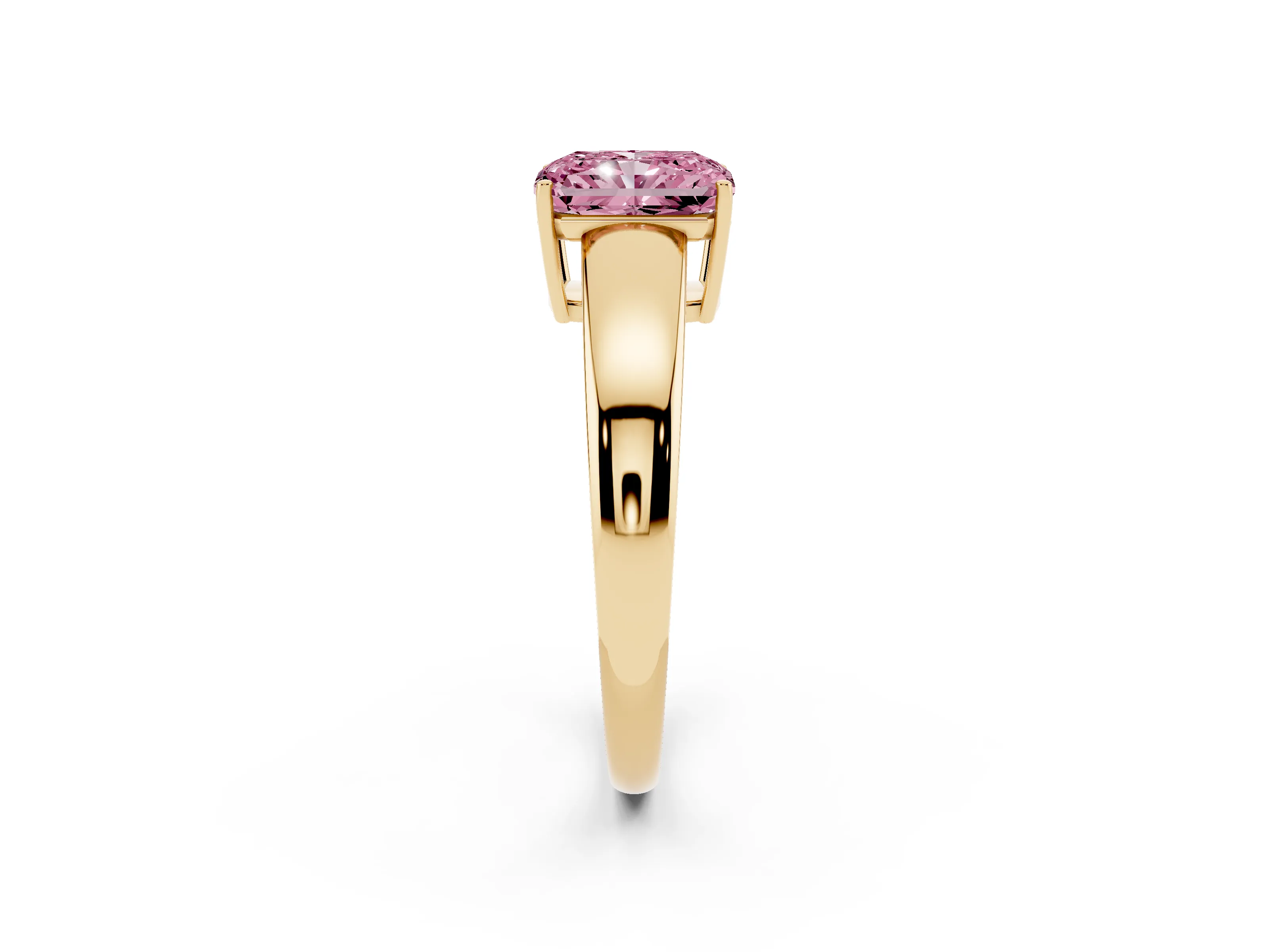 Fancy Pink Radiant Cut Diamond Solitaire Ring Set in Yellow gold with Tapered Band and Prong Setting