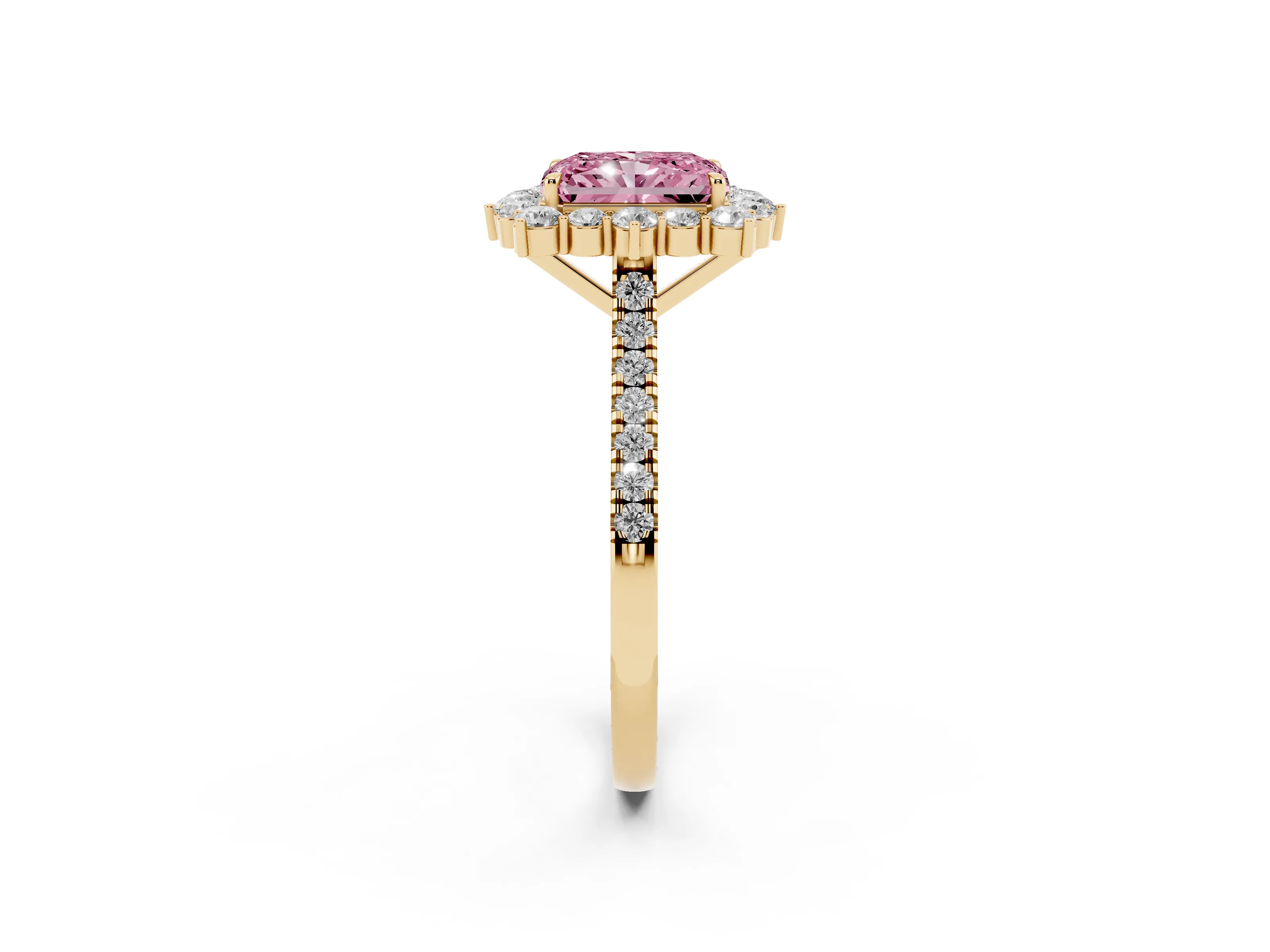 Fancy Pink Radiant Cut Diamond Halo Ring Set in Yellow gold with Pavé Band and Prong Setting