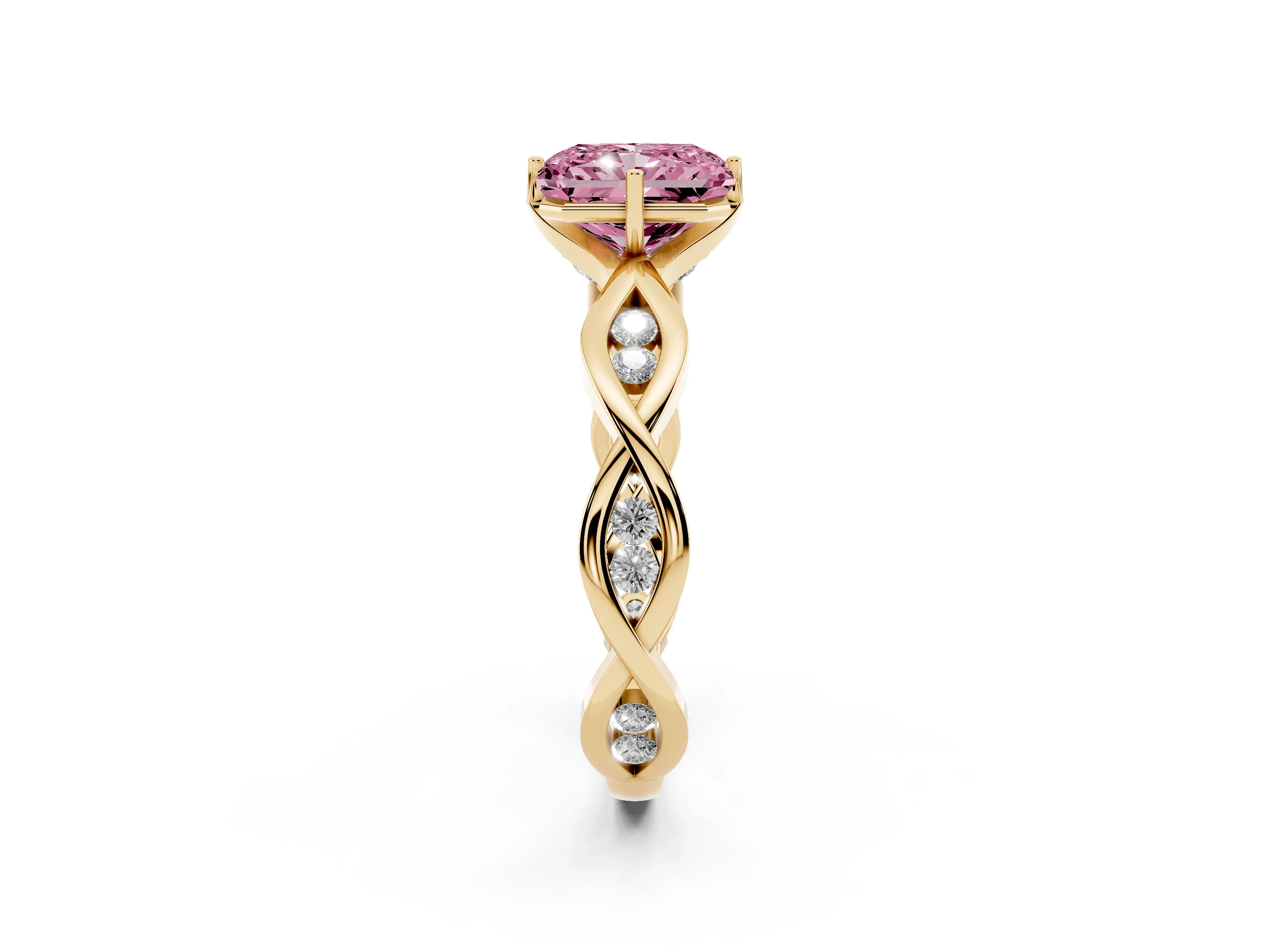 Fancy Pink Radiant Cut Diamond Twist Band Solitaire Ring Set in Yellow gold with Leaf Prong Setting and Accent Stones