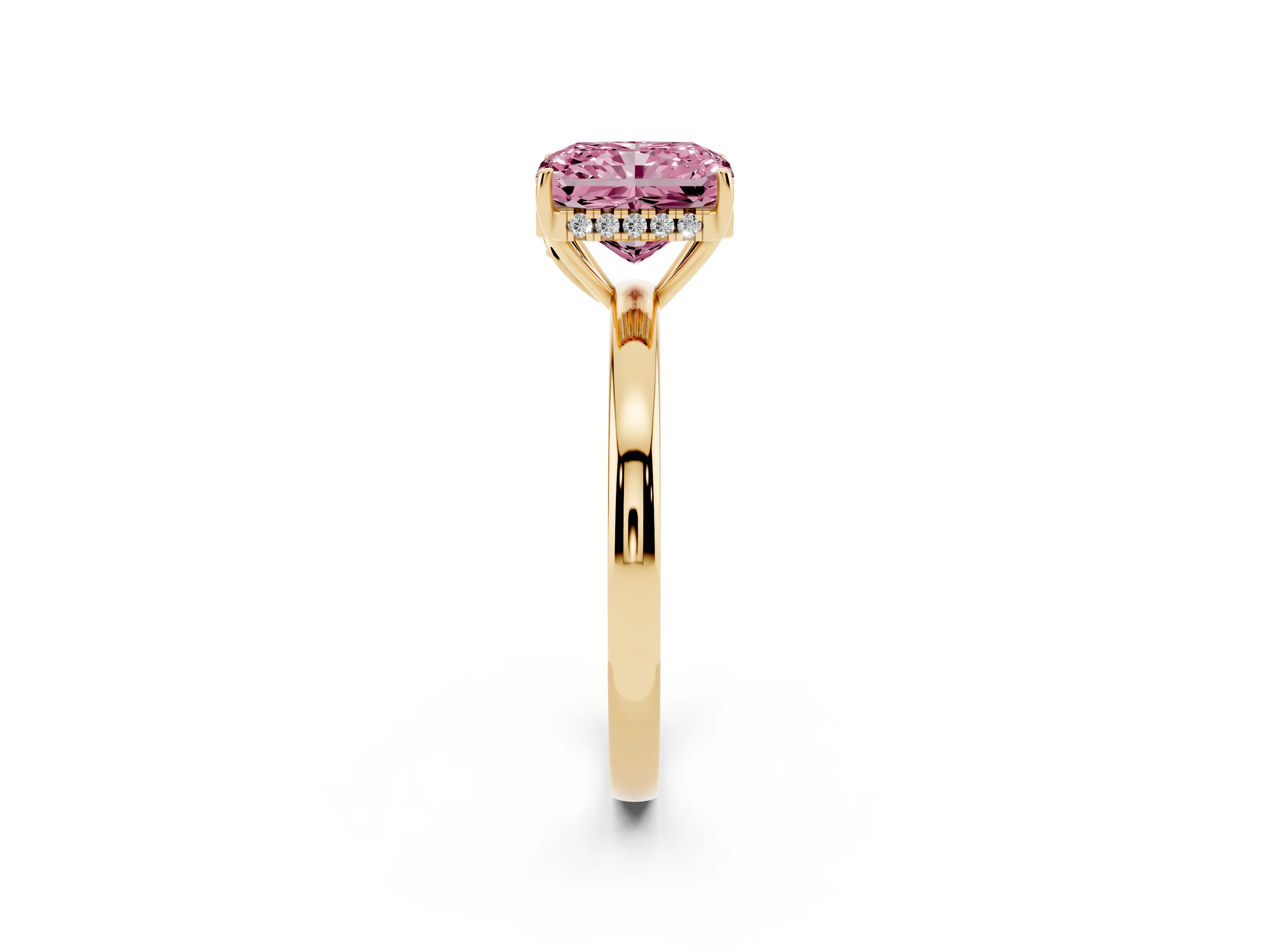 Fancy Pink Radiant Cut Diamond Solitaire Ring Set in Yellow gold with Plain Band and Prong Setting