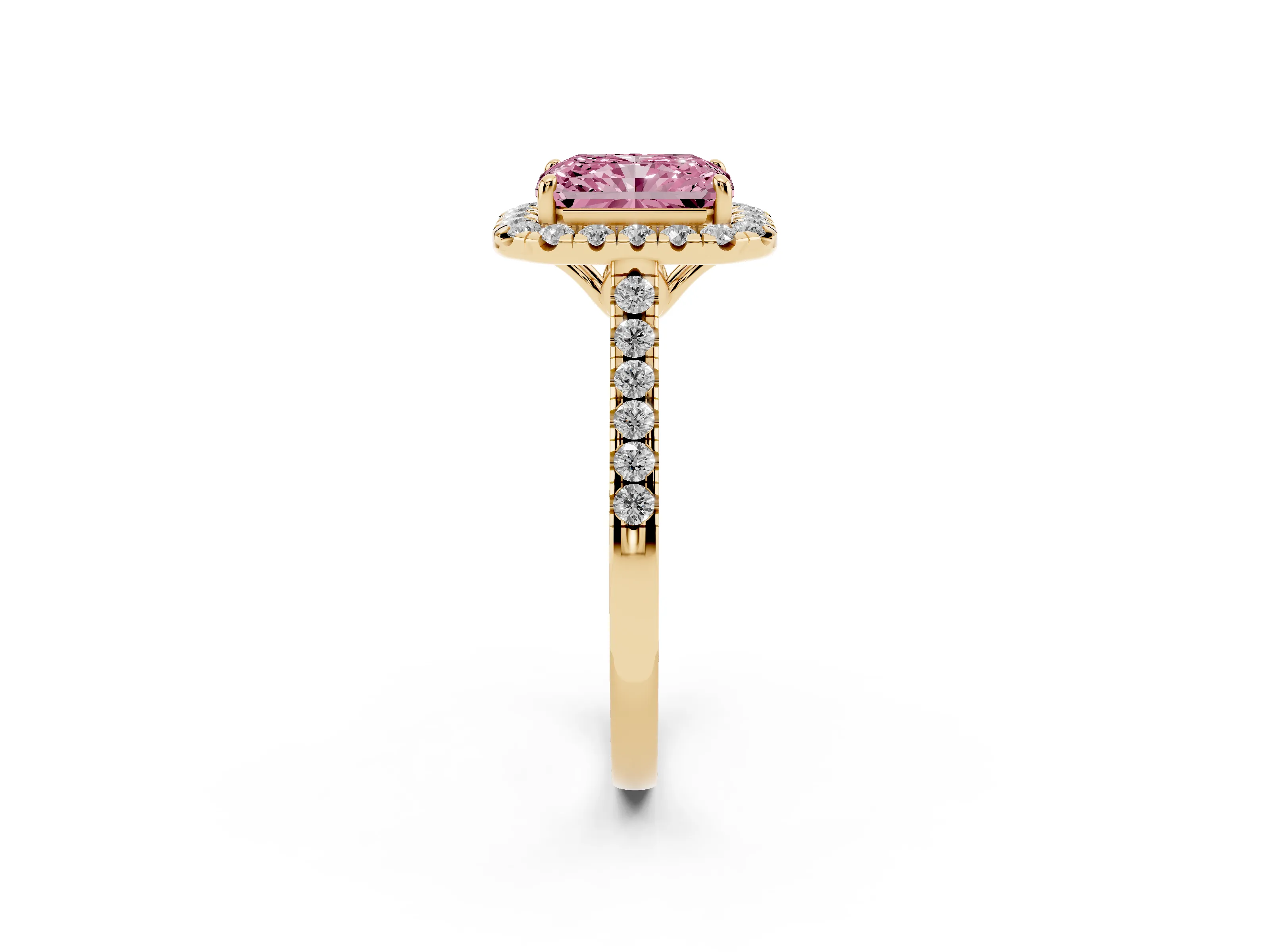 Fancy Pink Radiant Cut Diamond Pavé Halo Engagement Ring Set in Yellow gold with Pavé Band and Prong Setting