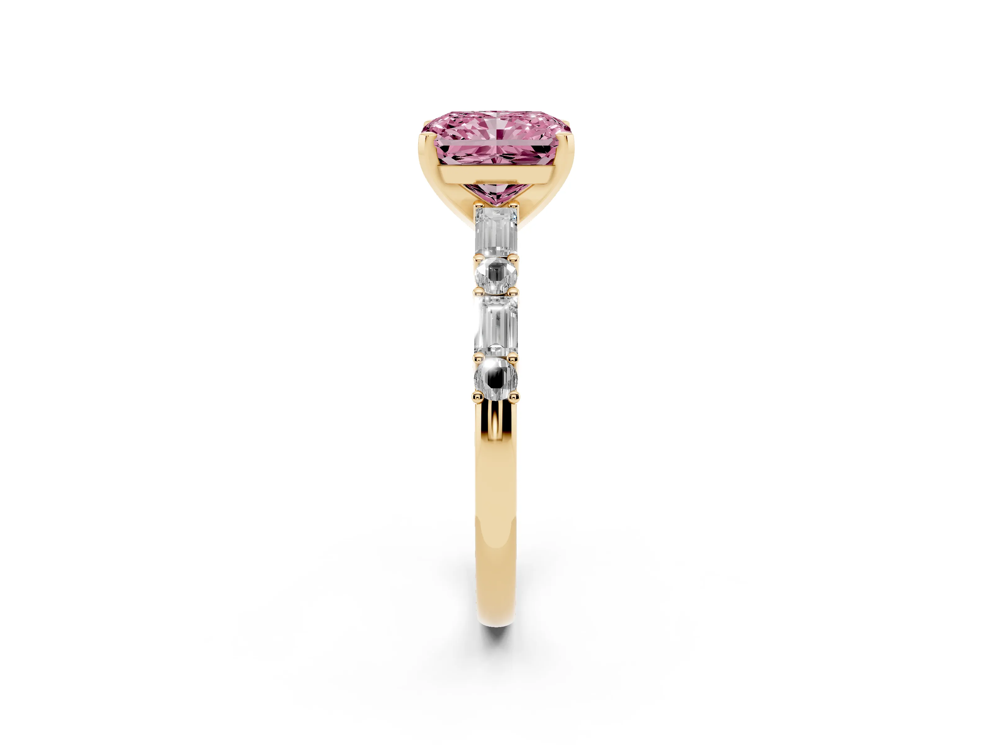 Fancy Pink Radiant Cut Diamond Solitaire Set in Yellow gold with Side Baguettes and Channel Set Band