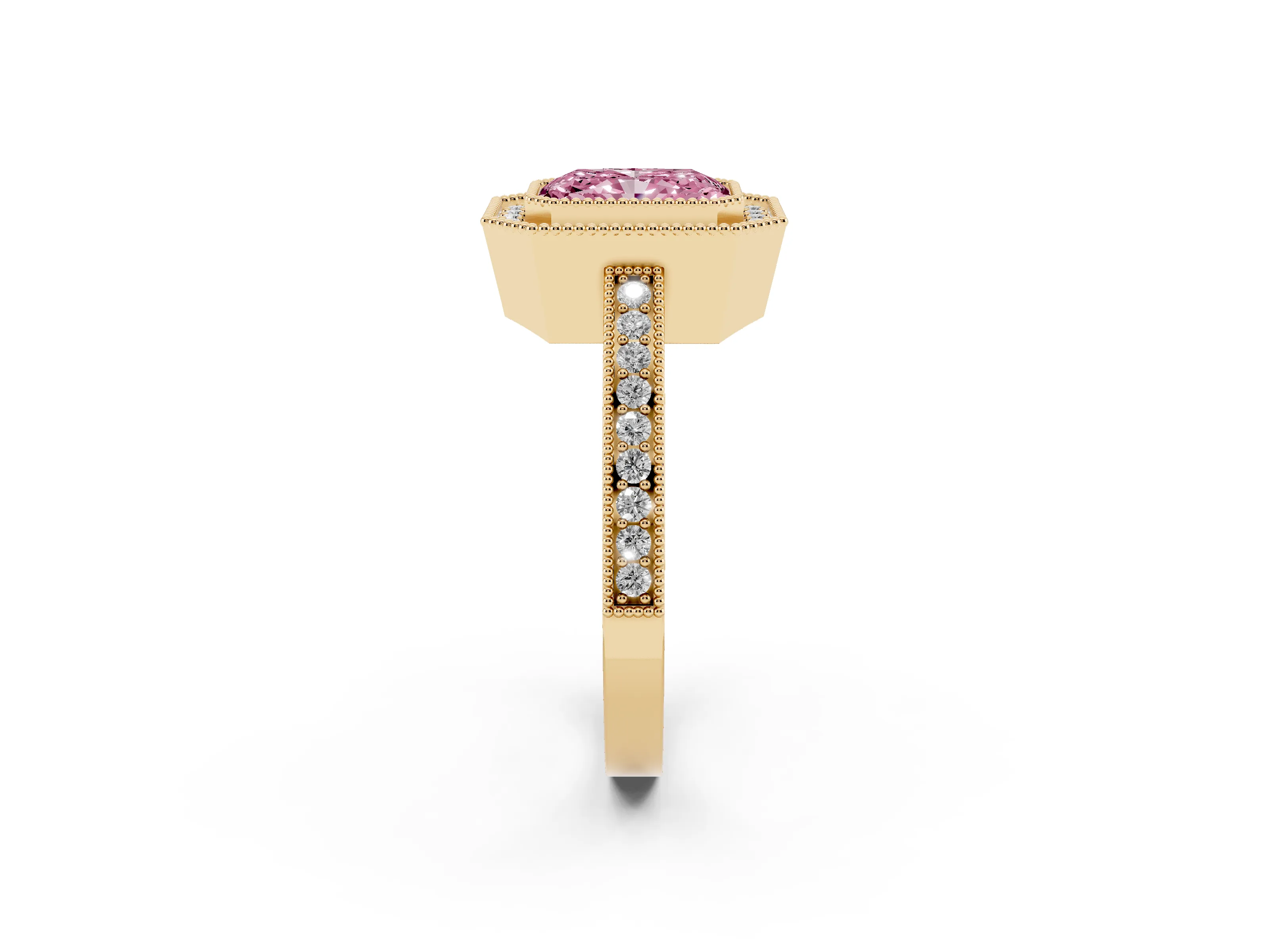 Fancy Pink Radiant Cut Diamond Round Halo Ring Set in Yellow gold with Pavé Band