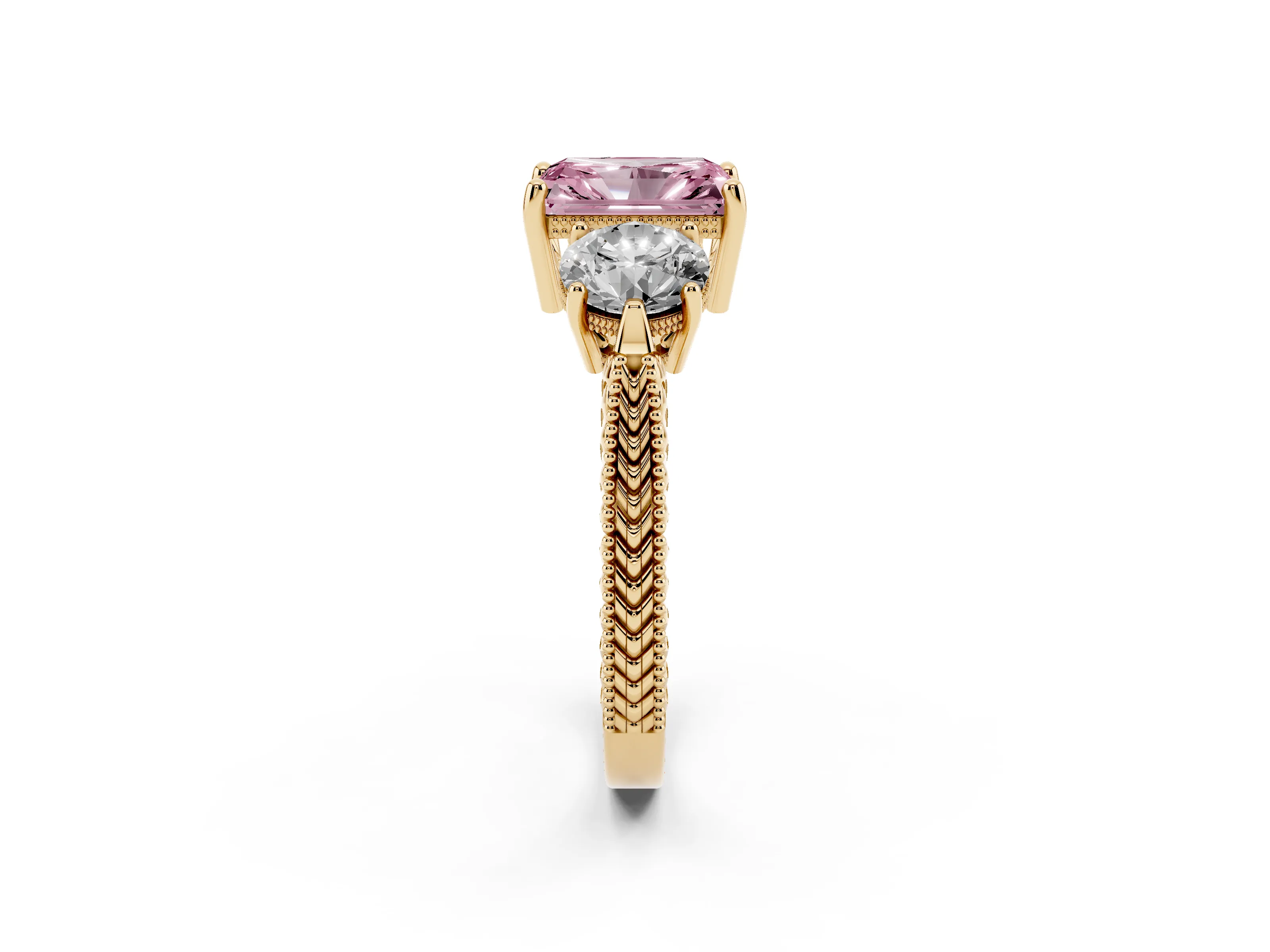Fancy Pink Radiant Cut Diamond Three-Stone Ring Set in Yellow gold with Milgrain Band