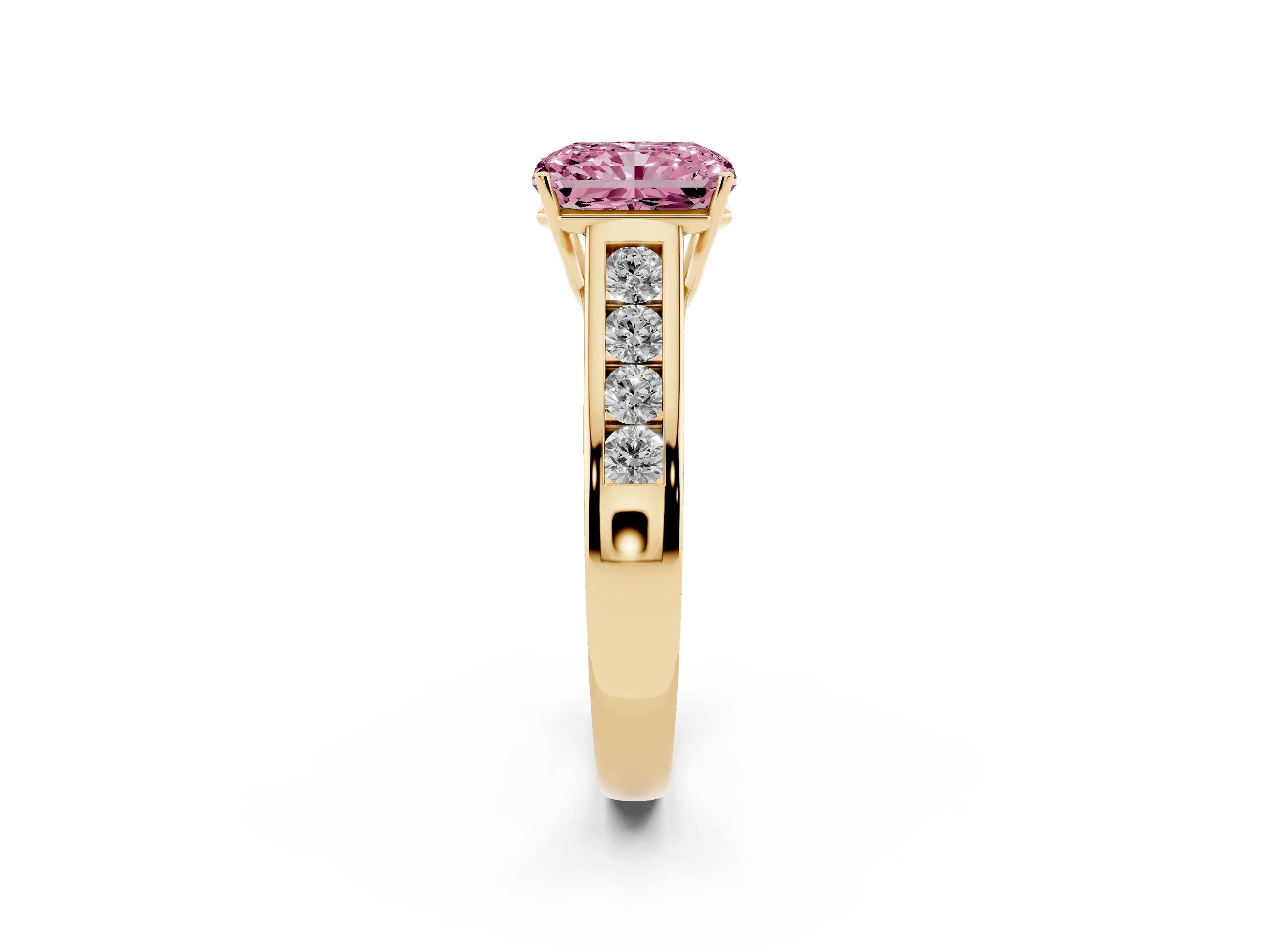 Fancy Pink Radiant Cut Diamond Brilliant Channel-Set Solitaire Ring Set in Yellow gold with Prong Setting