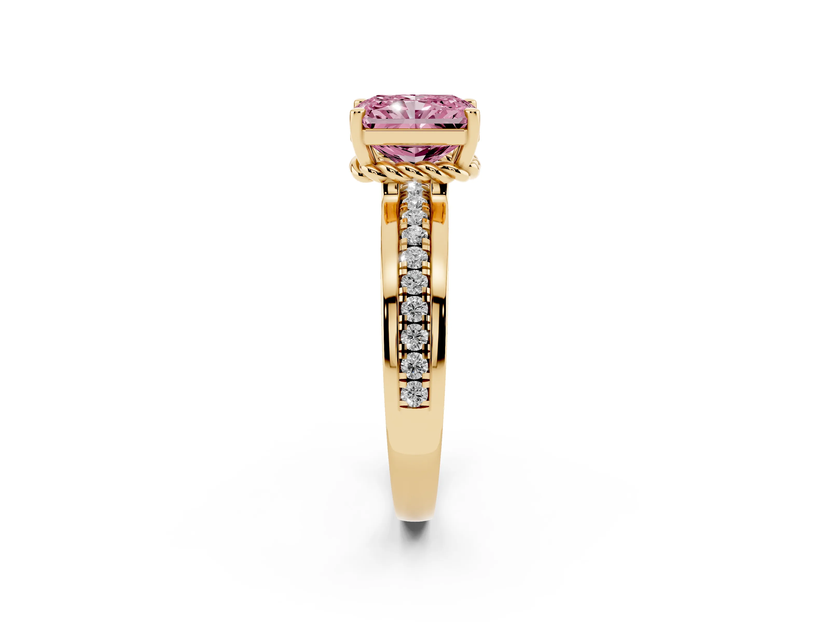 Fancy Pink Radiant Cut Diamond Solitaire Ring Set in Yellow gold with Channel Set Band and Prong Setting