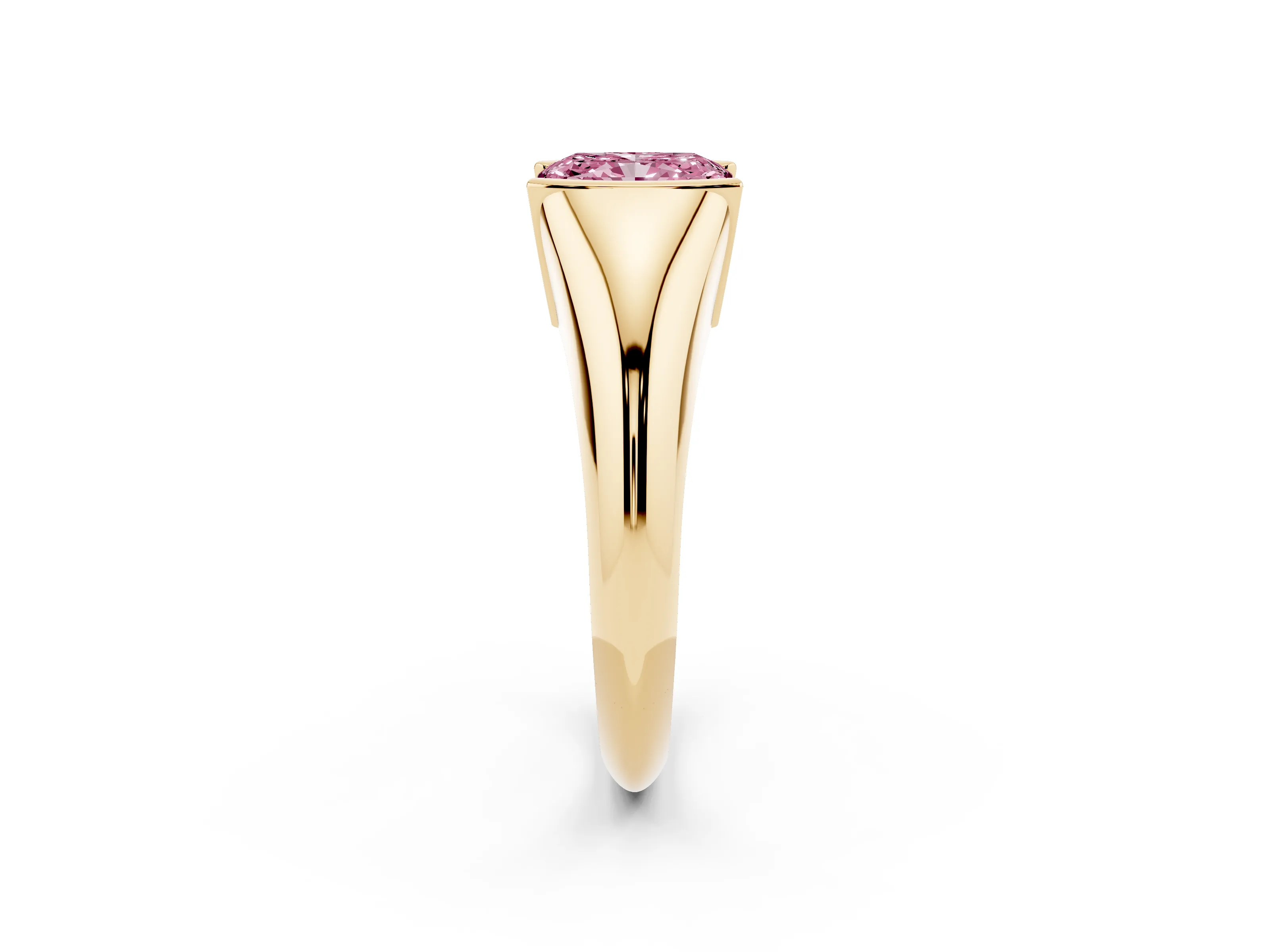 Fancy Pink Radiant Cut Diamond Solitaire Tension Set Ring Set in Yellow gold