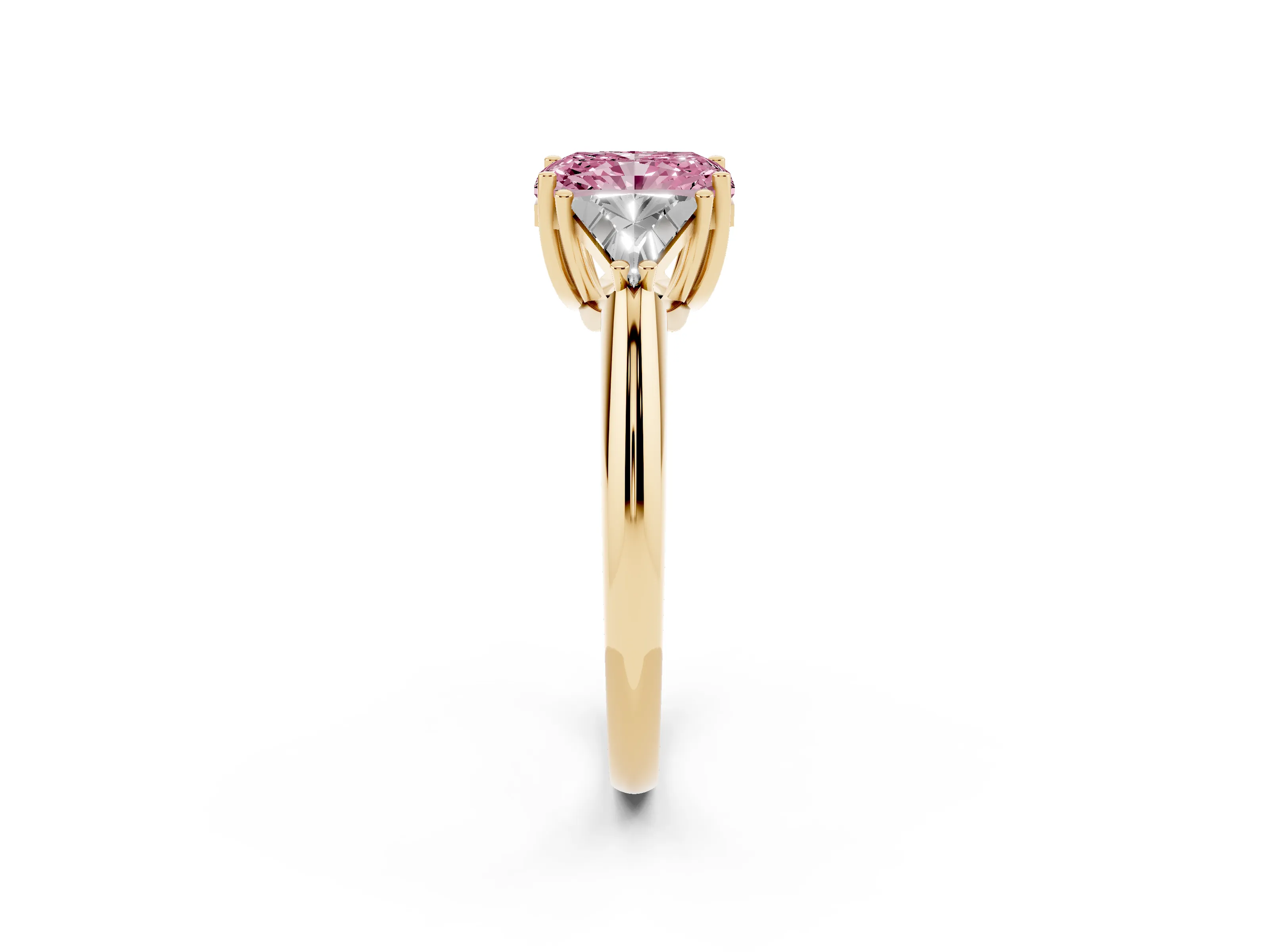 Fancy Pink Radiant Cut Diamond Three-Stone Engagement Ring Set in Yellow gold with Trillion Side Stones