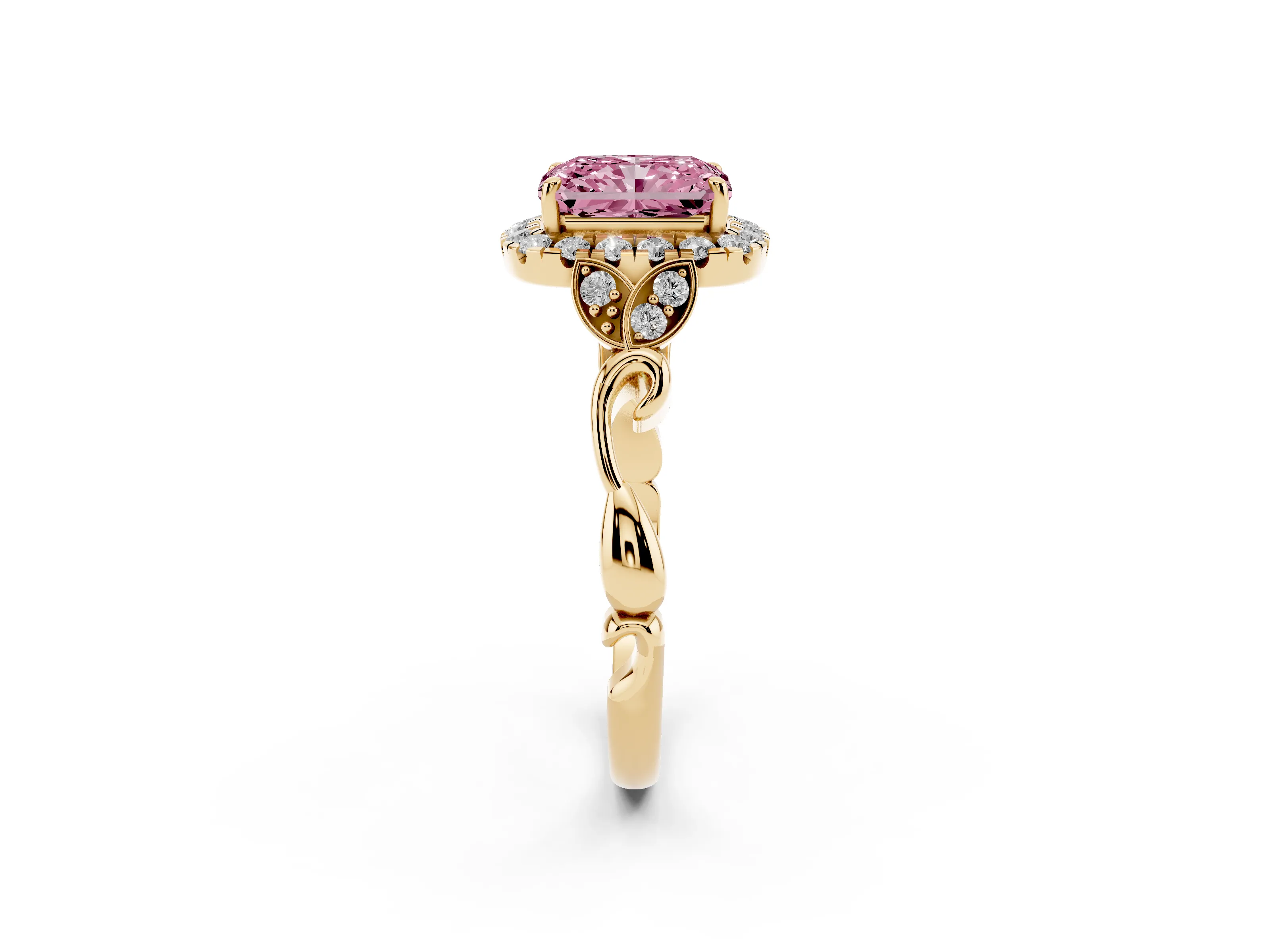 Fancy Pink Radiant Cut Diamond Halo Engagement Ring Set in Yellow gold with Vintage-Inspired Band and Prong Setting