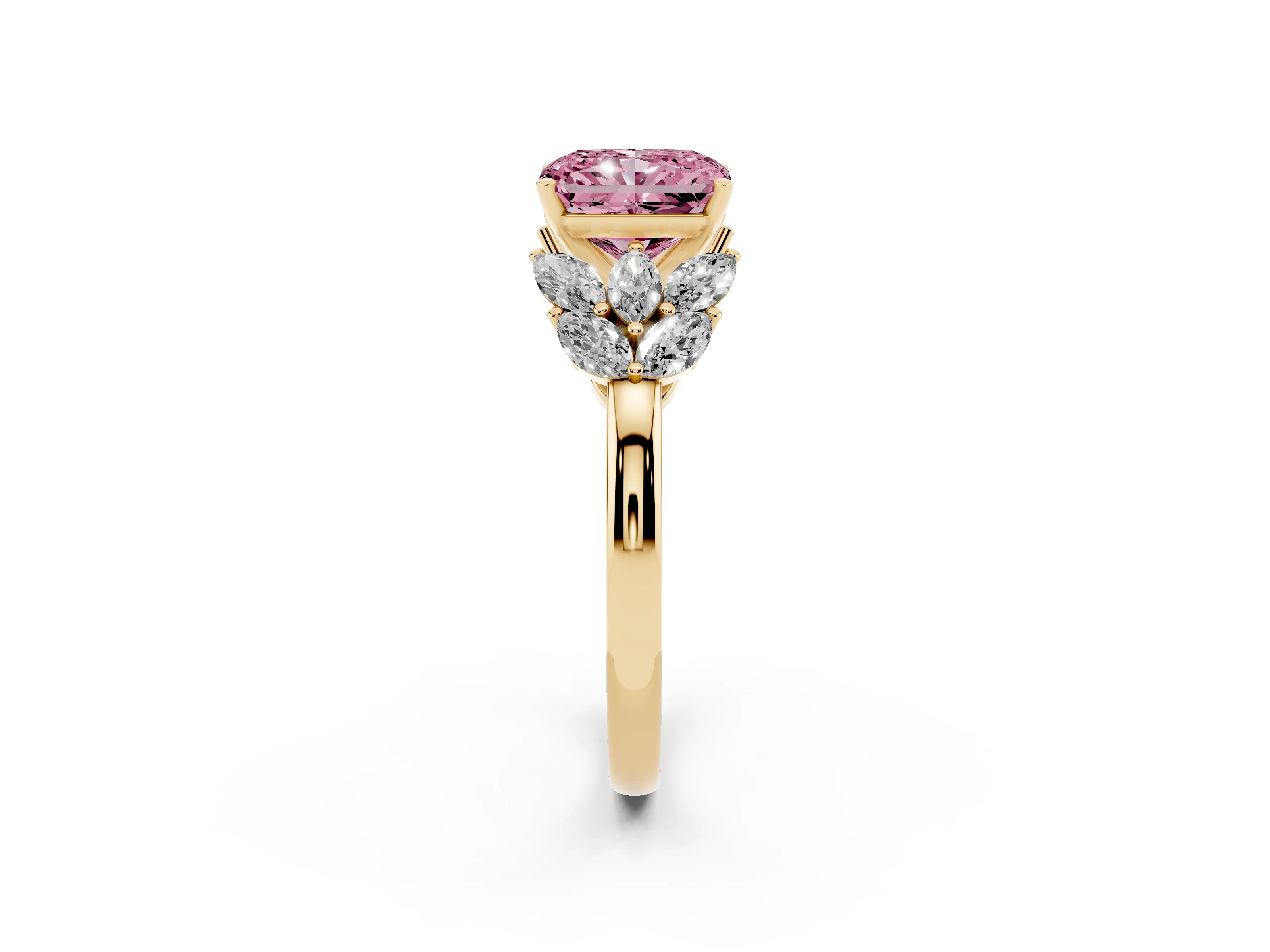 Fancy Pink Radiant Cut Diamond Cluster Leaf Design Ring Set in Yellow gold with Prong Setting