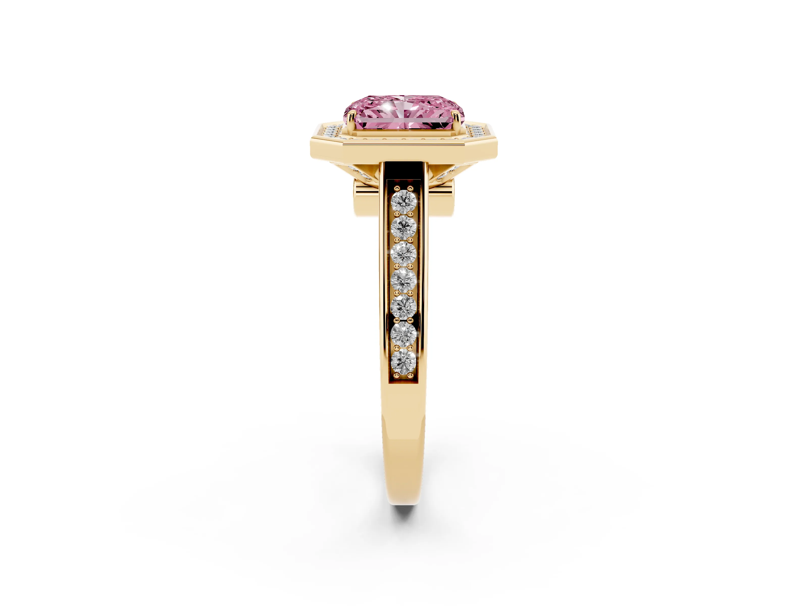 Fancy Pink Radiant Cut Diamond Halo Solitaire Ring Set in Yellow gold with Pavé Band and Bezel Setting