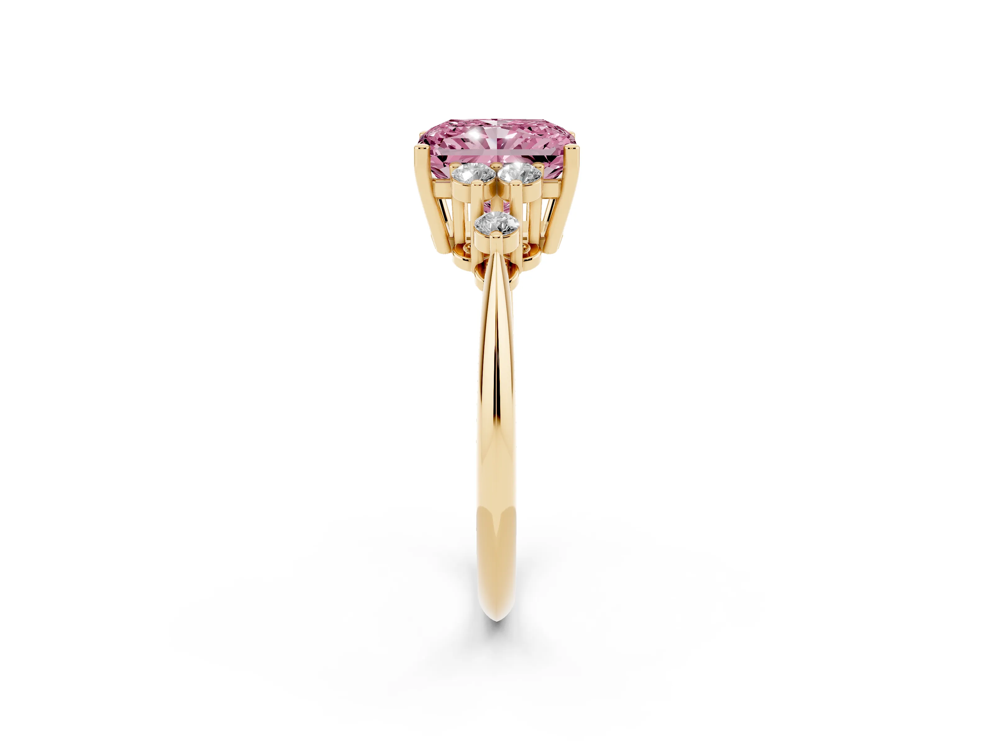 Fancy Pink Radiant Cut Diamond Cluster Ring Set in Yellow gold with Plain Band and Prong Setting