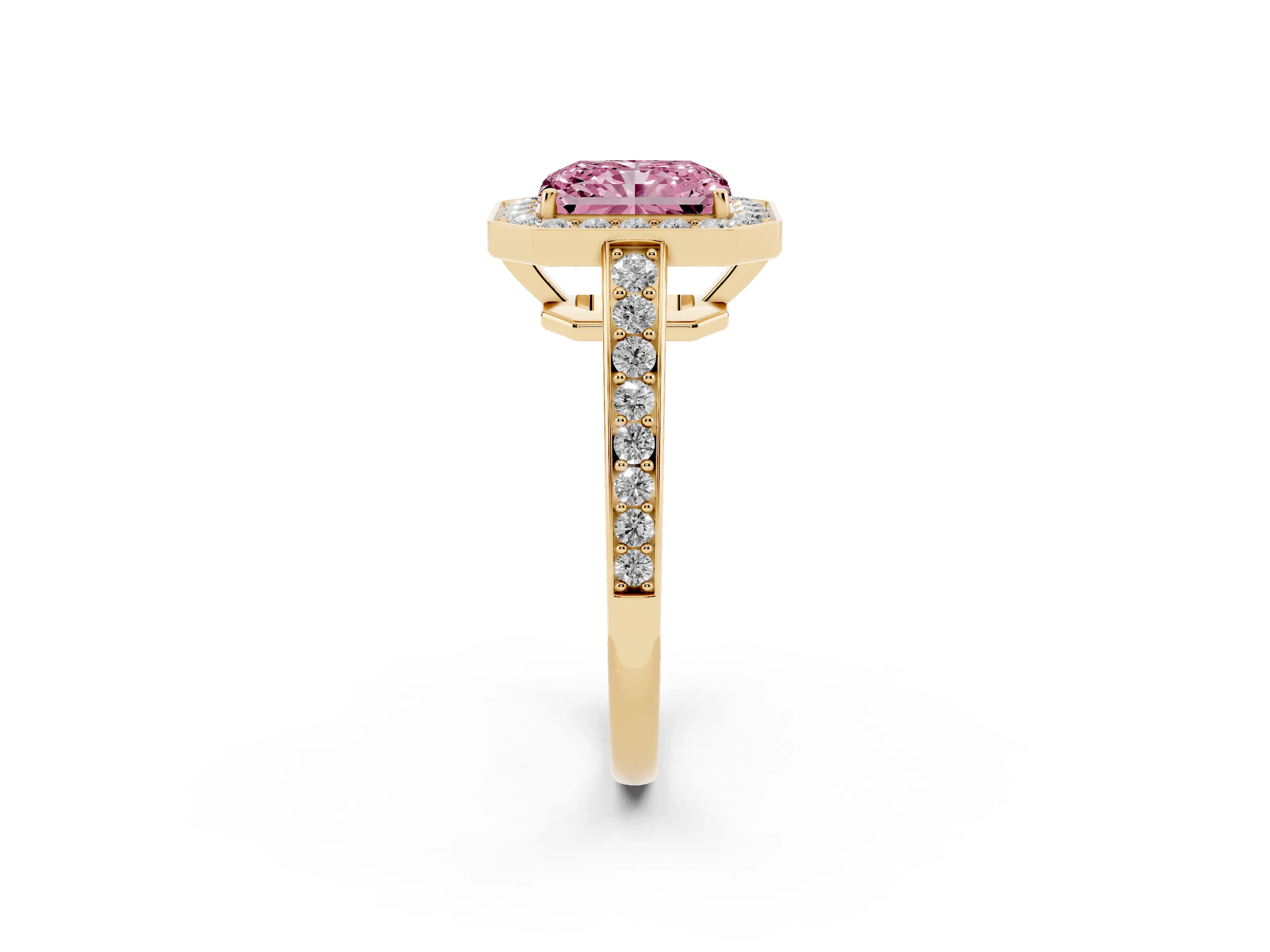 Fancy Pink Radiant Cut Diamond Halo Pavé Engagement Ring Set in Yellow gold with Bezel Setting