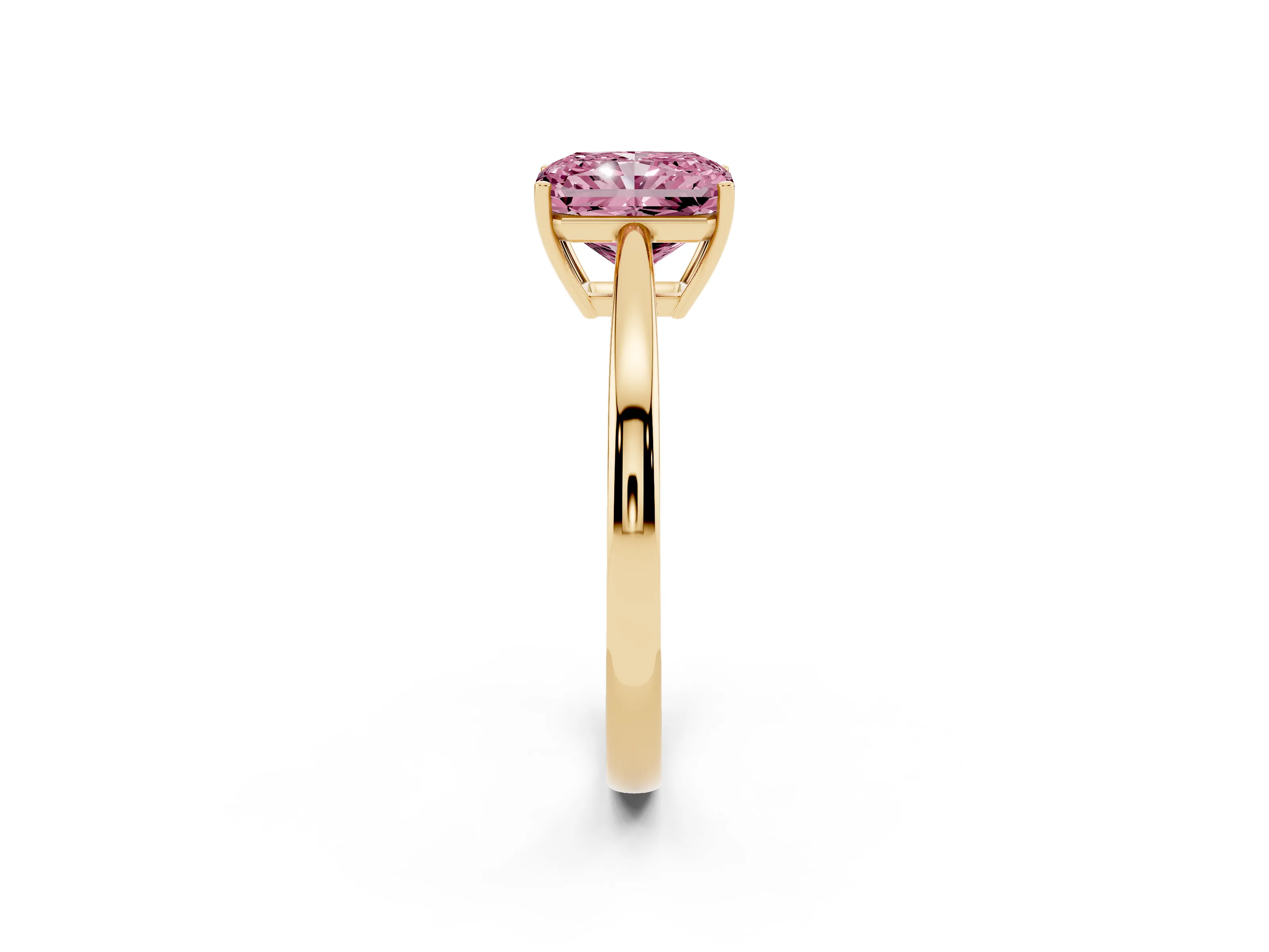 Fancy Pink Radiant Cut Diamond Solitaire Ring Set in Yellow gold with Split Shank and Prong Setting
