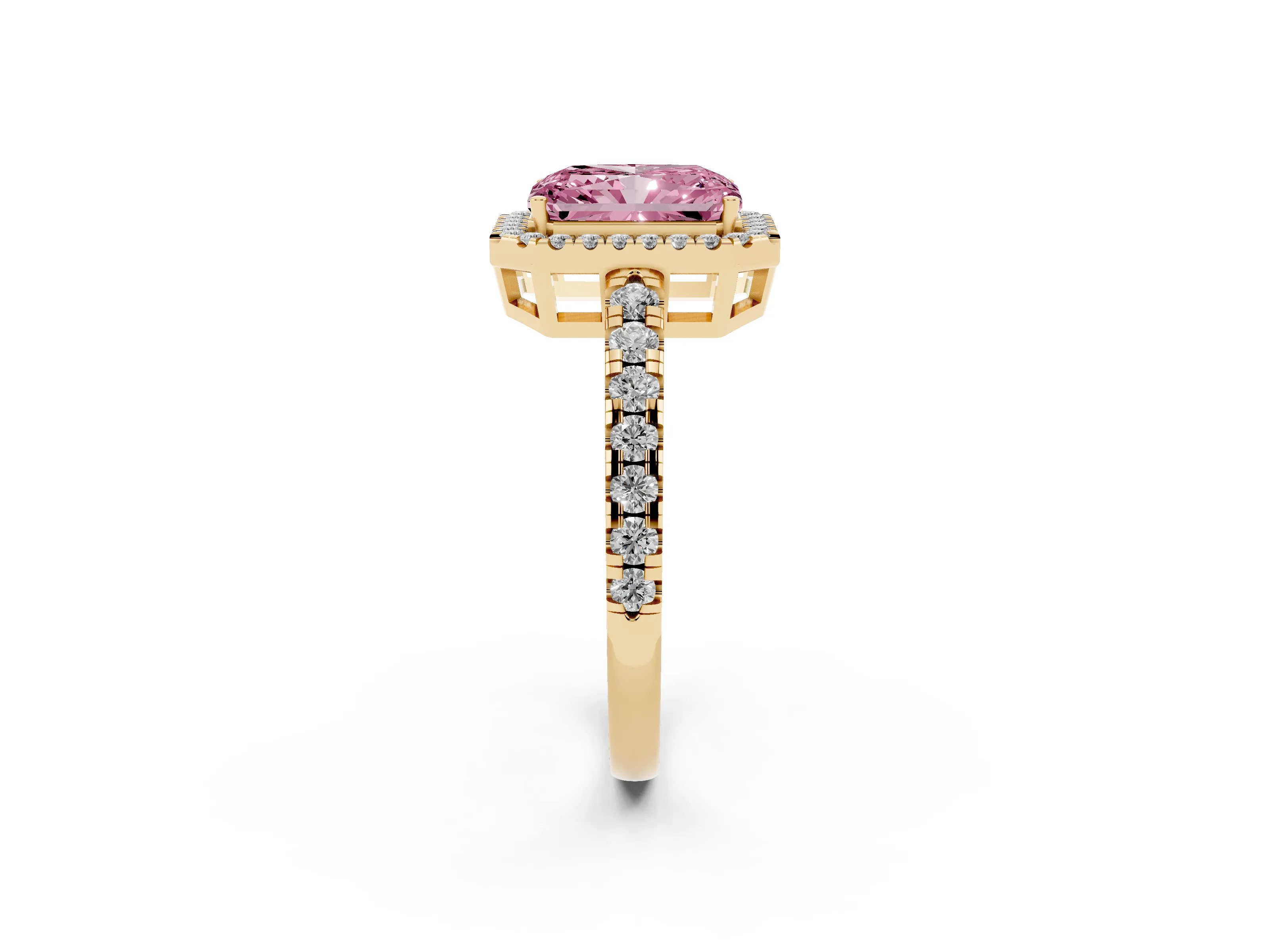 Fancy Pink Radiant Cut Diamond Halo Ring Set in Yellow gold with Delicate Pavé Band and Prong Setting