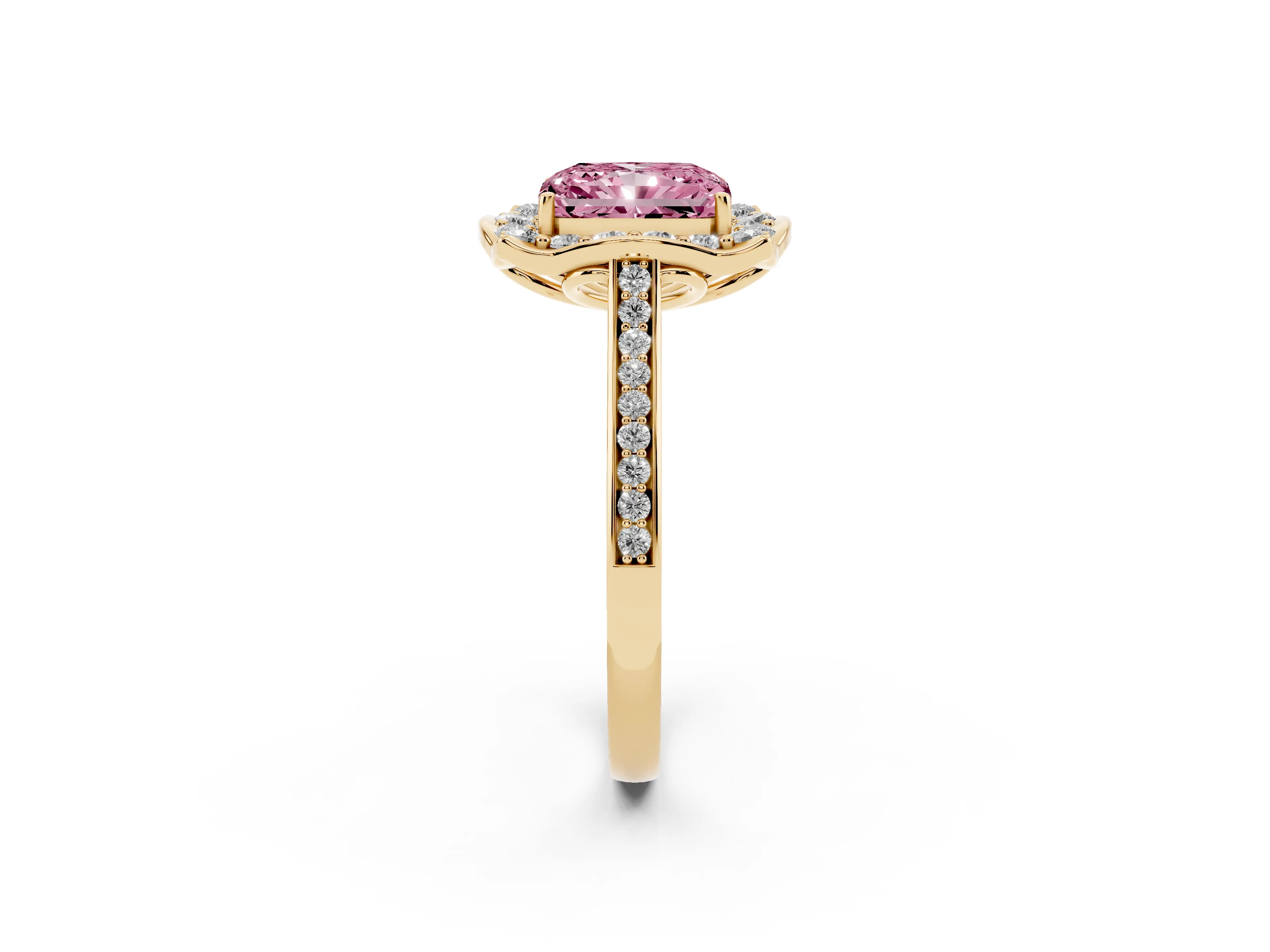 Fancy Pink Radiant Cut Diamond Halo Ring Set in Yellow gold with Pavé-Lined Shoulders and Prong Setting