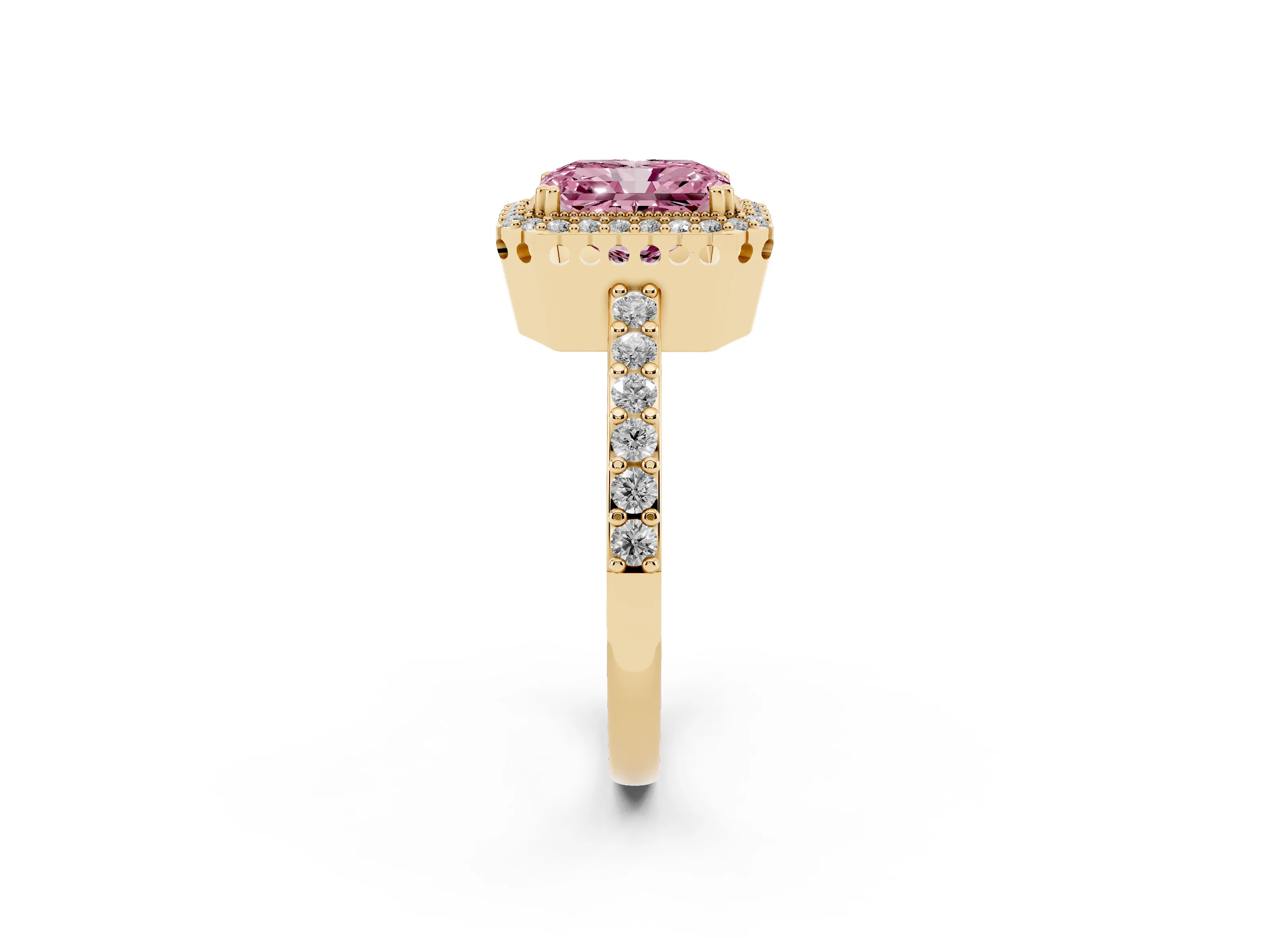 Fancy Pink Radiant Cut Diamond Halo Engagement Ring Set in Yellow gold with Milgrain Detail and Pavé Band