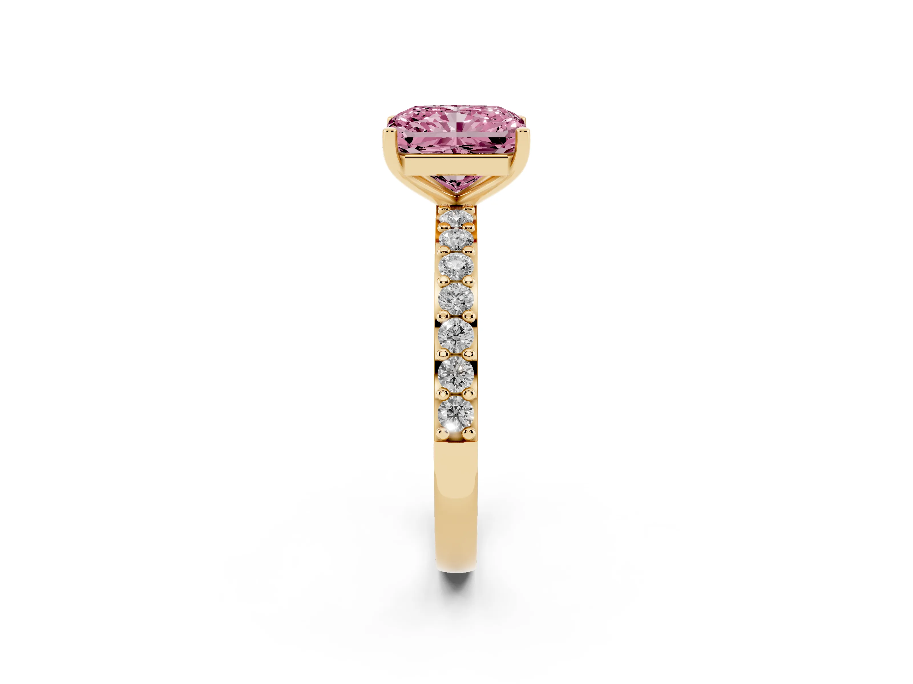 Fancy Pink Radiant Cut Diamond Solitaire Set in Yellow gold with Round Pavé Band and Prong Setting