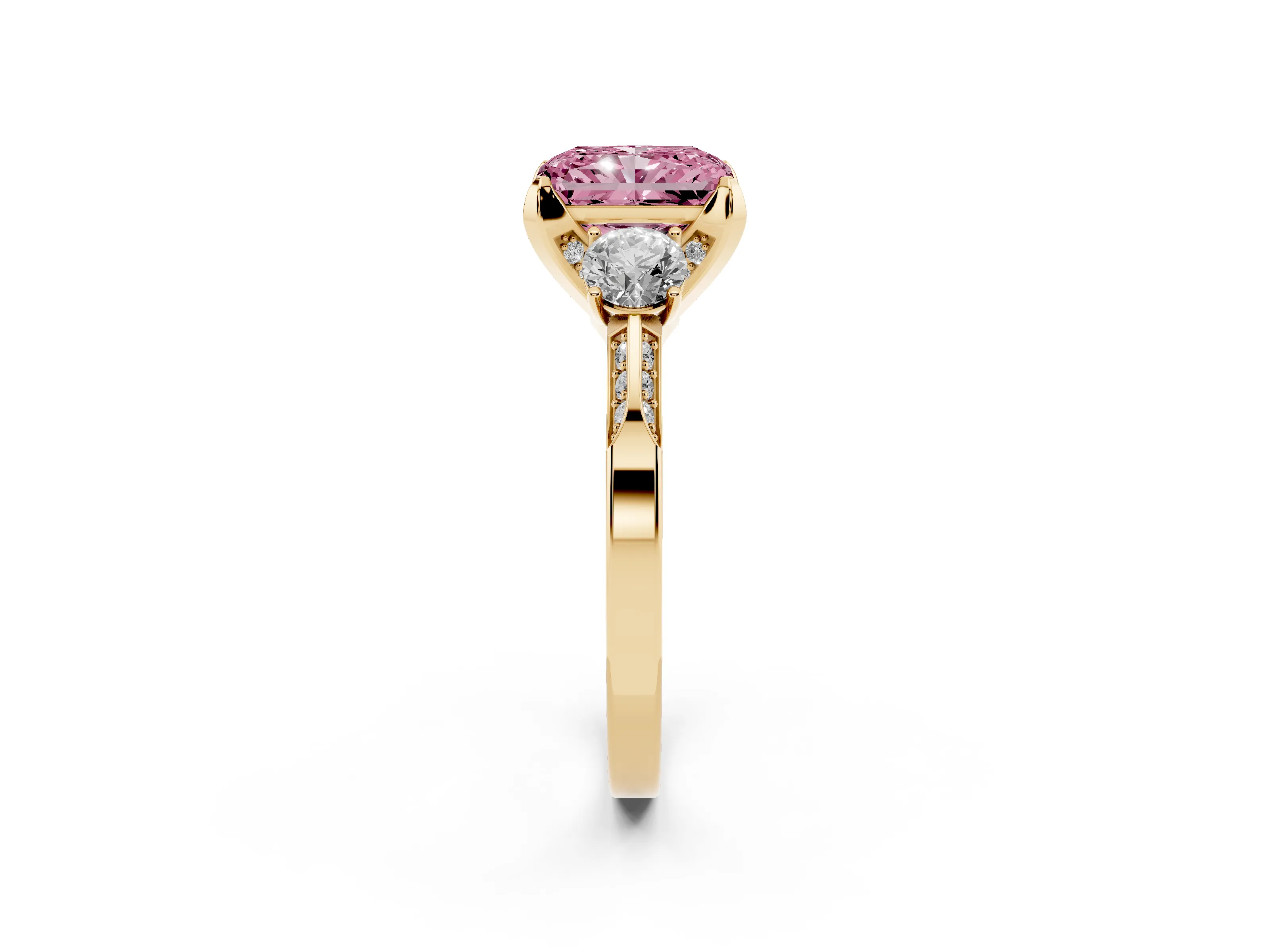 Fancy Pink Radiant Cut Diamond Three-Stone Ring Set in Yellow gold with Pavé Band and Smaller Side Stones
