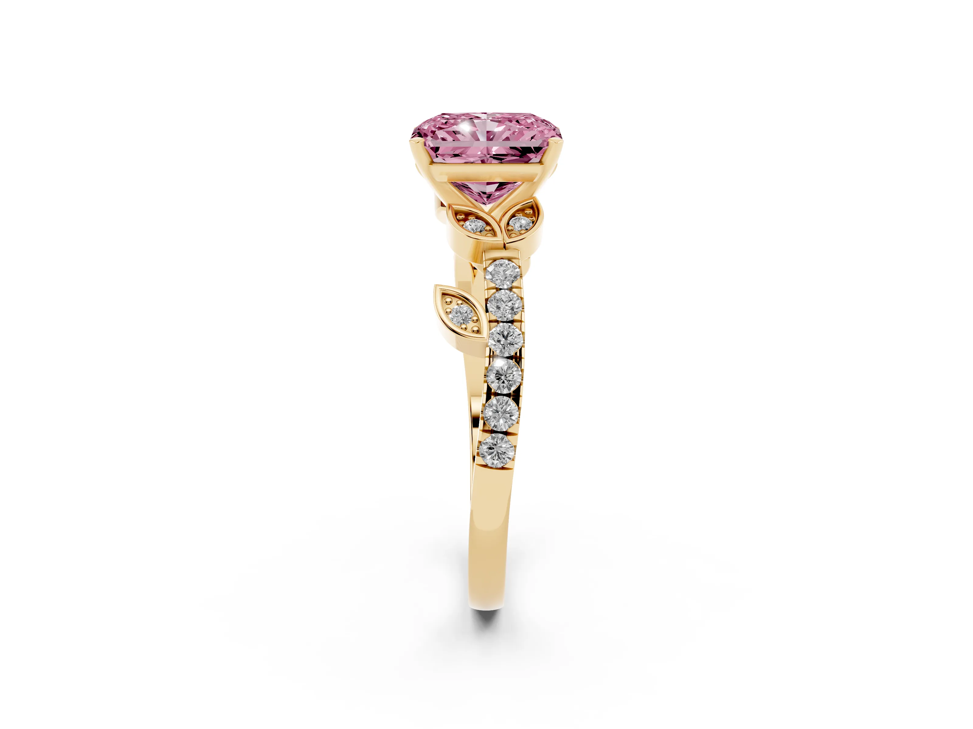Fancy Pink Radiant Cut Diamond Solitaire Leaf-Inspired Ring Set in Yellow gold with Pavé Band and Prong Setting