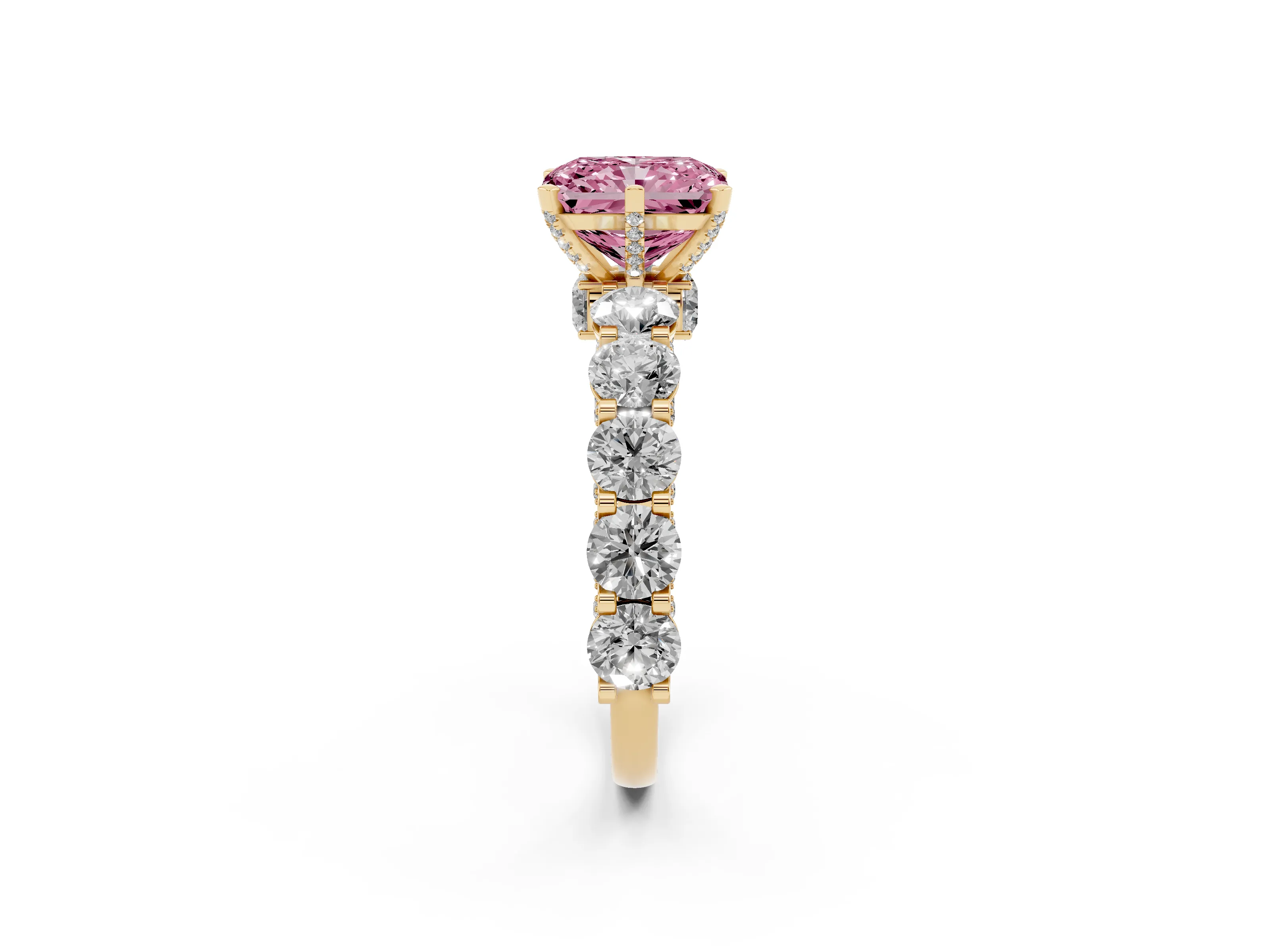 Fancy Pink Radiant Cut Diamond Side Stone Ring Set in Yellow gold with Alternating Round and Oval Side Stones