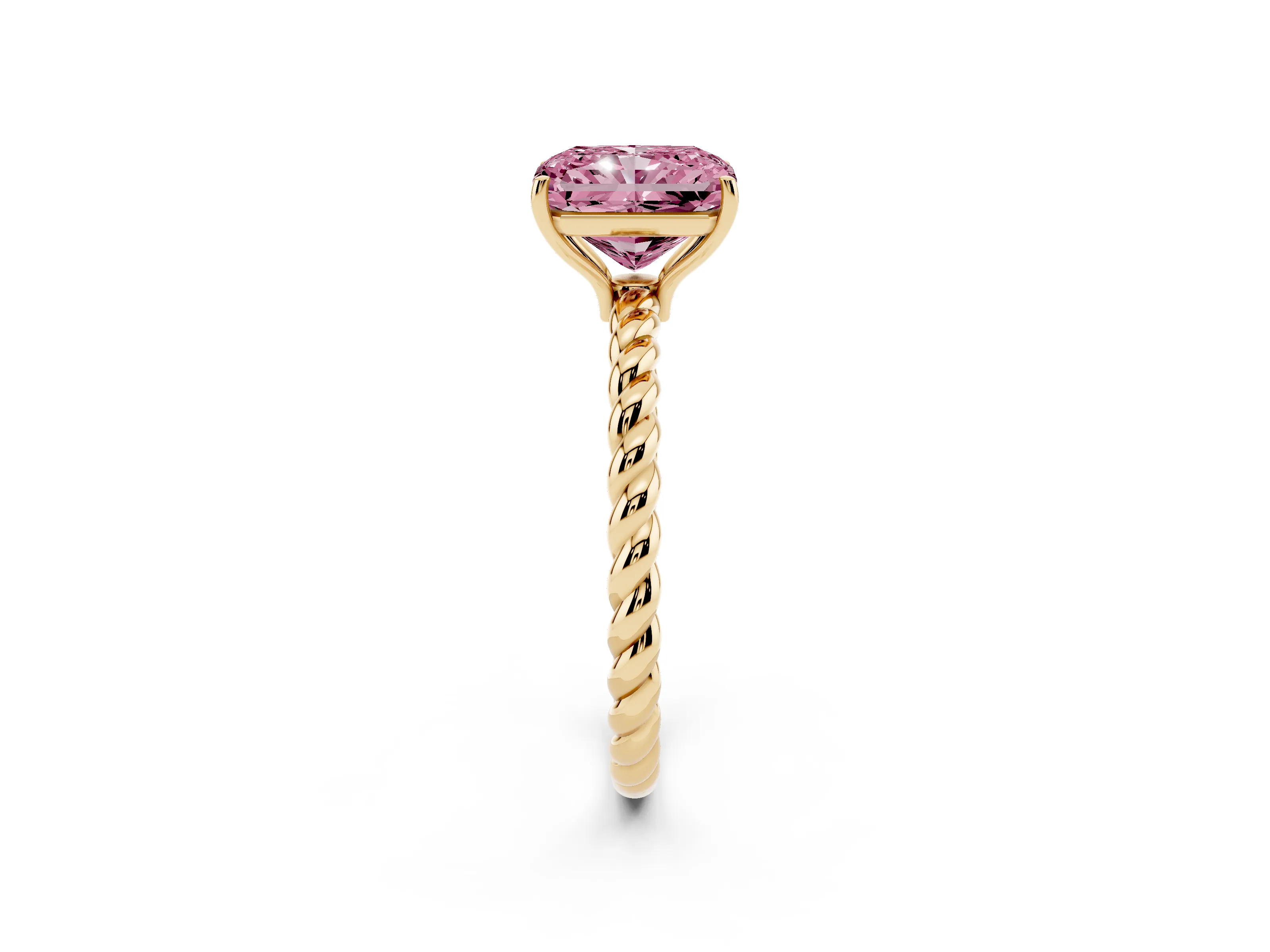 Fancy Pink Radiant Cut Diamond Solitaire Ring Set in Yellow gold with Twist Band and Prong Setting