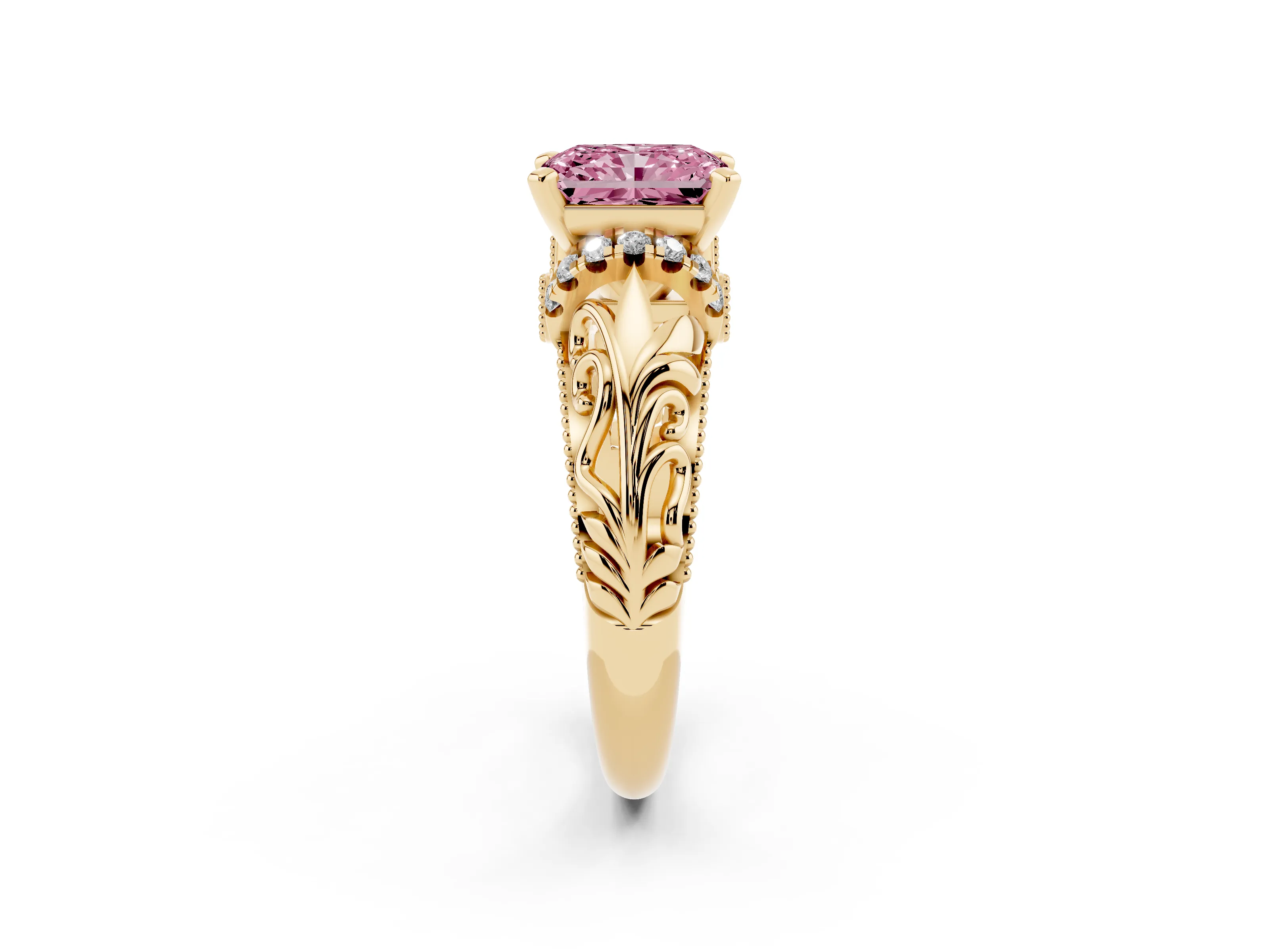 Fancy Pink Radiant Cut Diamond Filigree Halo Engagement Ring Set in Yellow gold with Prong Setting