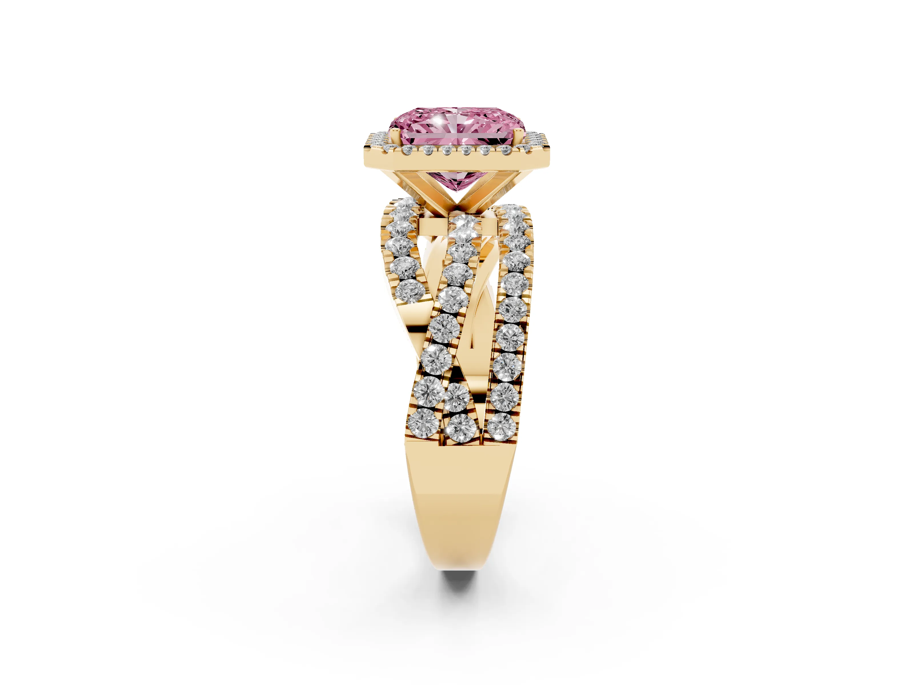 Fancy Pink Radiant Cut Diamond Halo Ring Set in Yellow gold with Round Crossover Split Shank and Prong Setting