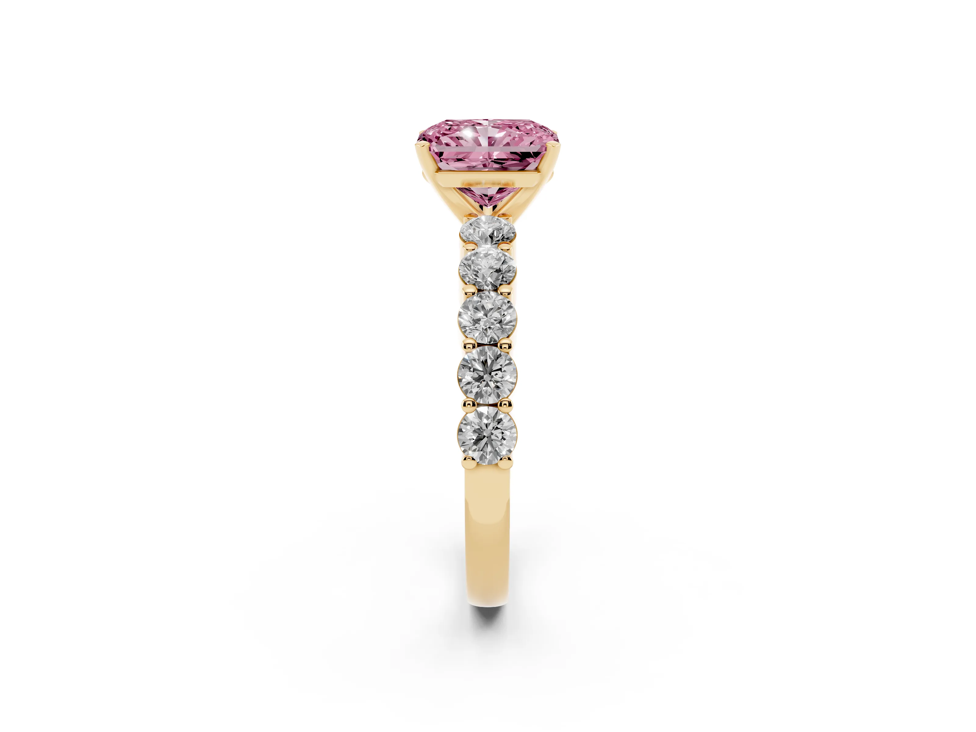 Fancy Pink Radiant Cut Diamond Solitaire Ring Set in Yellow gold with Shared Prong Round Side Stones