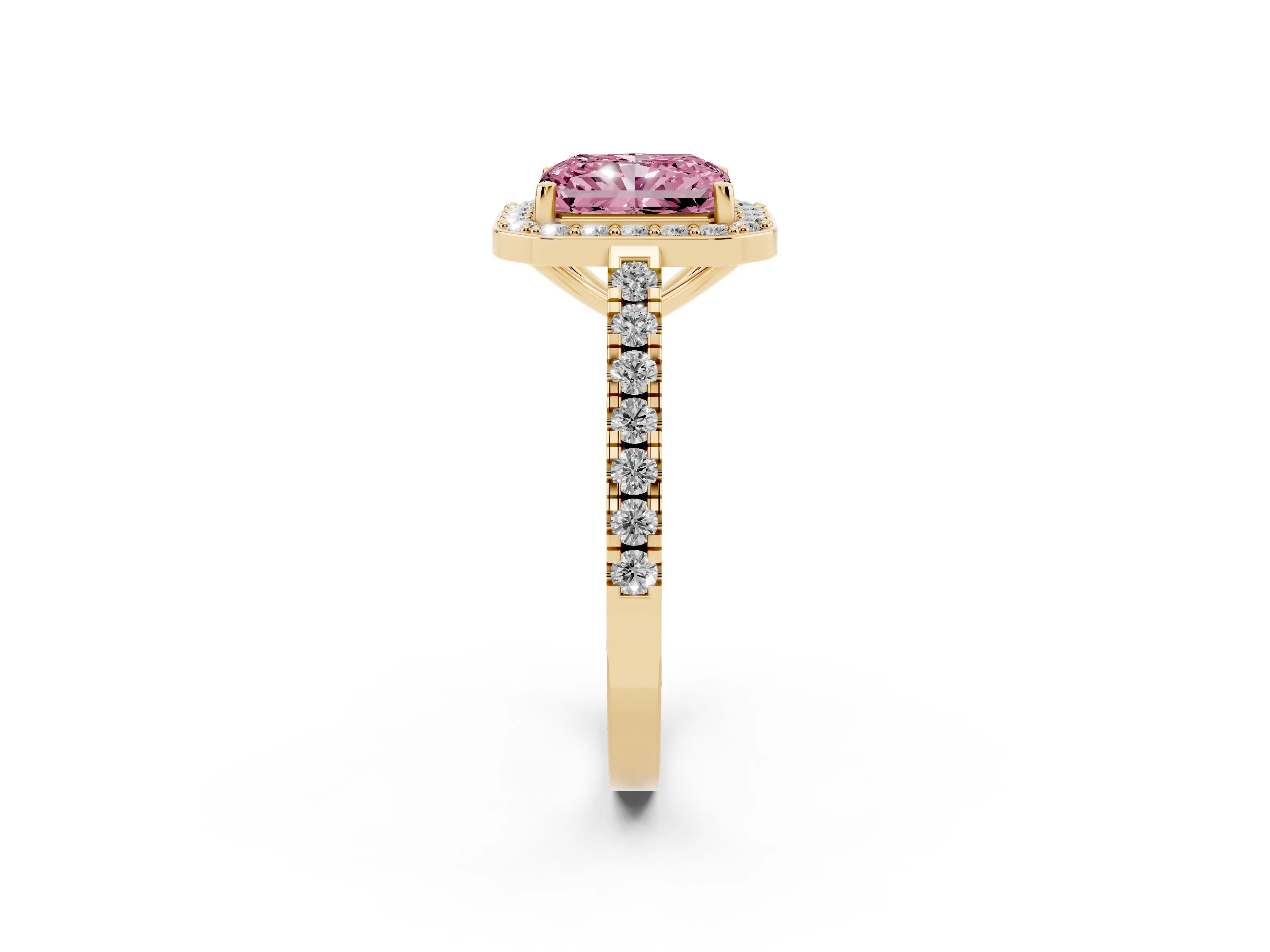 Fancy Pink Radiant Cut Diamond Halo Ring Set in Yellow gold with Round Pavé Split Shank and Prong Setting