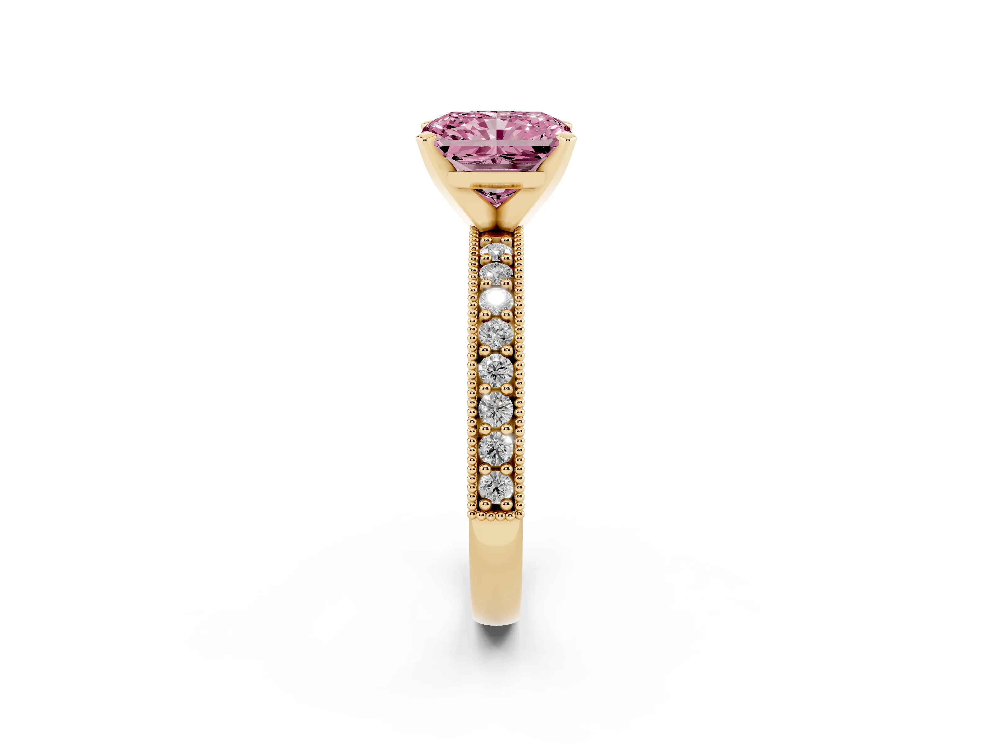 Fancy Pink Radiant Cut Diamond Milgrain Pavé Engagement Ring Set in Yellow gold with Prong Setting