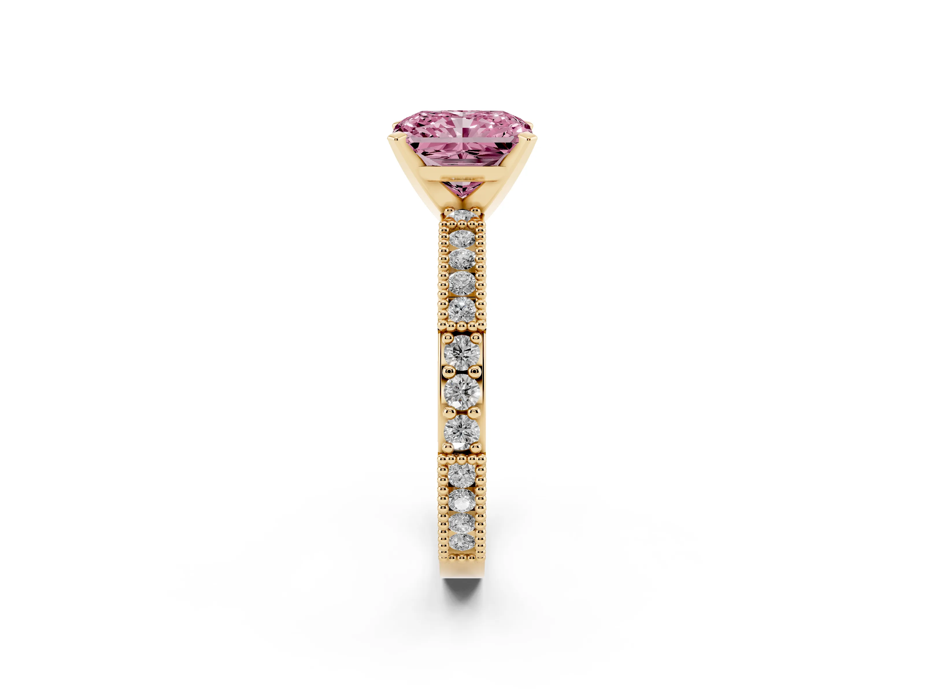 Fancy Pink Radiant Cut Diamond Solitaire Ring Set in Yellow gold with Slim Pavé Band and Prong Setting