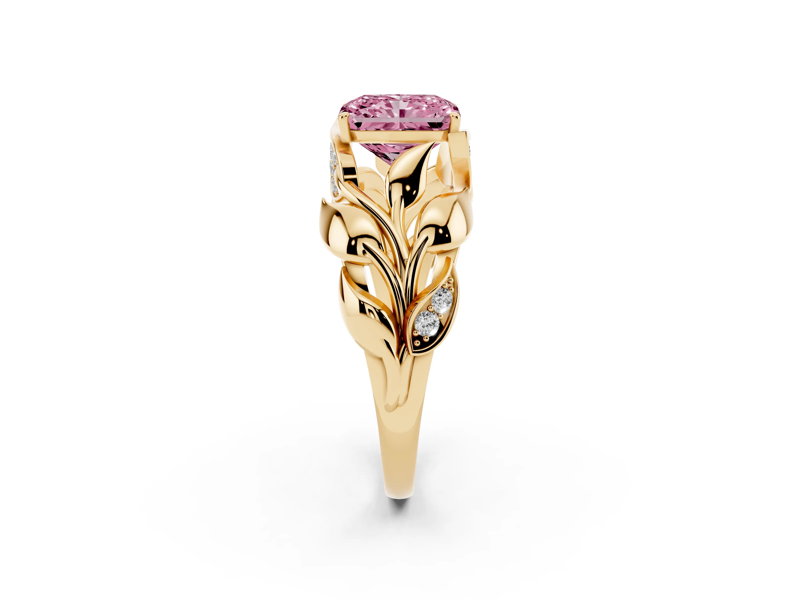 Fancy Pink Radiant Cut Diamond Leaf-Inspired Engagement Ring Set in Yellow gold with Round Accents