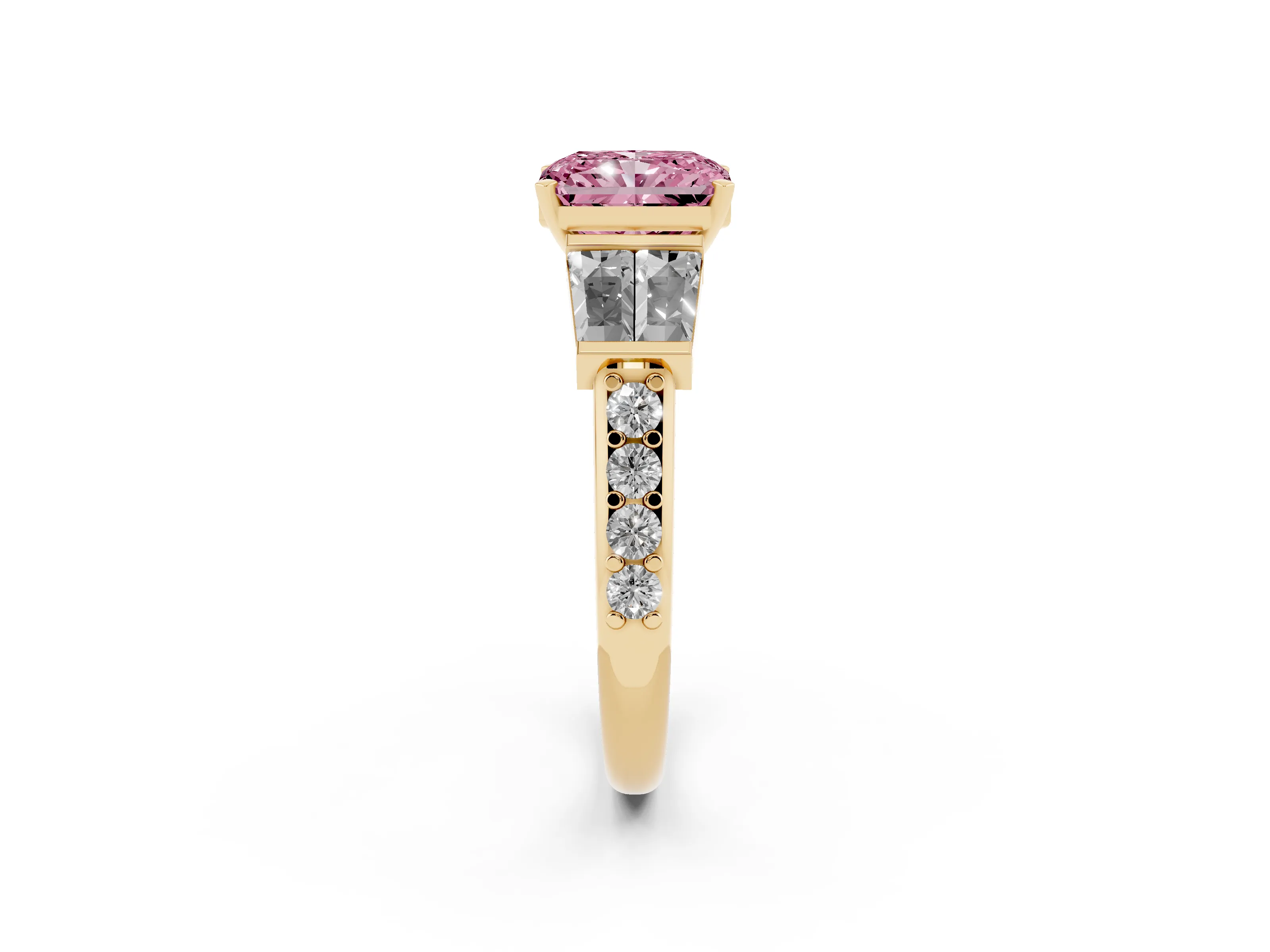Fancy Pink Radiant Cut Diamond Engagement Ring Set in Yellow gold with Baguette Side Stones and Channel Set Band