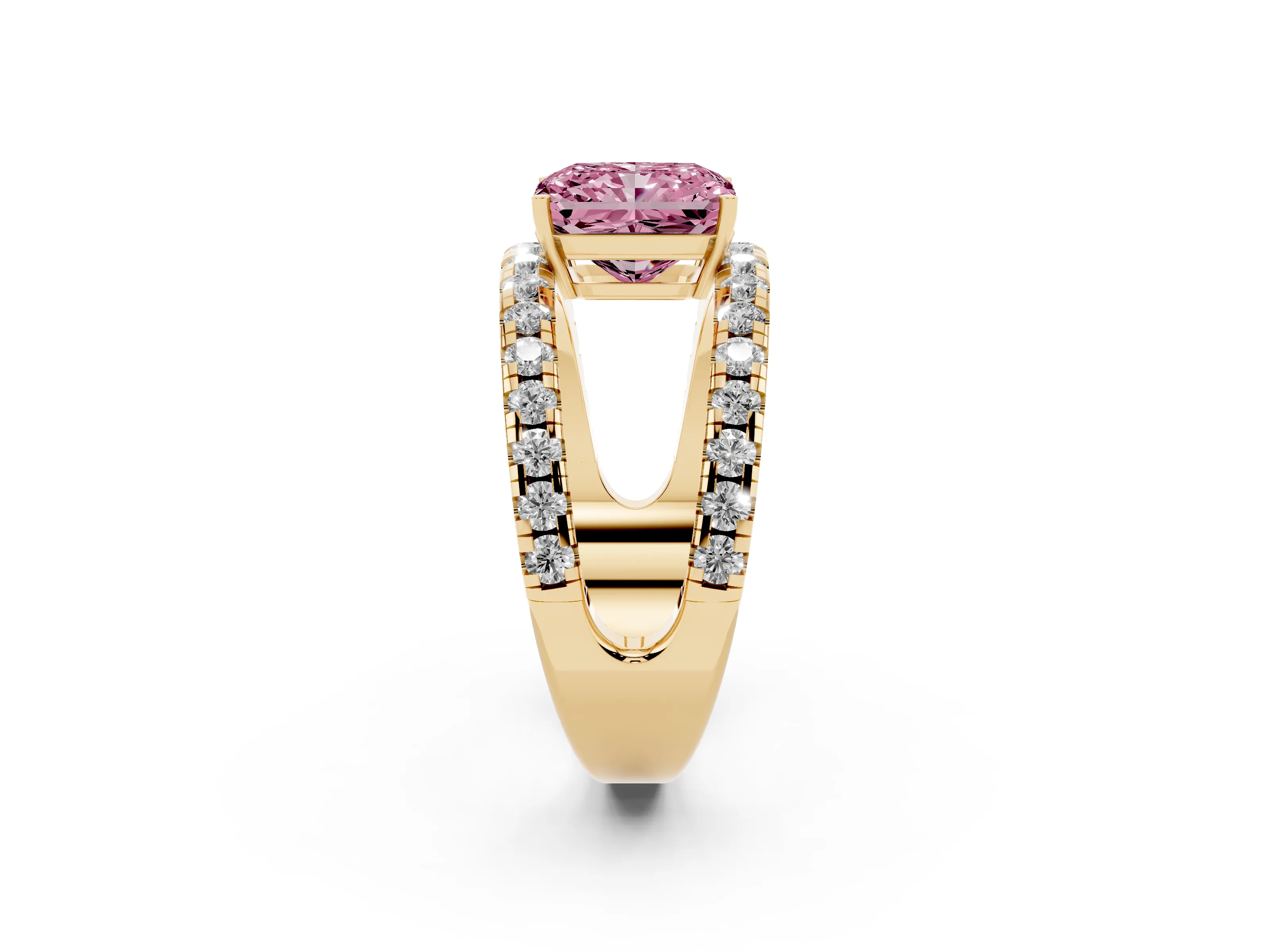 Fancy Pink Radiant Cut Diamond Split Shank Pavé Solitaire Ring Set in Yellow gold with Open Shank Design