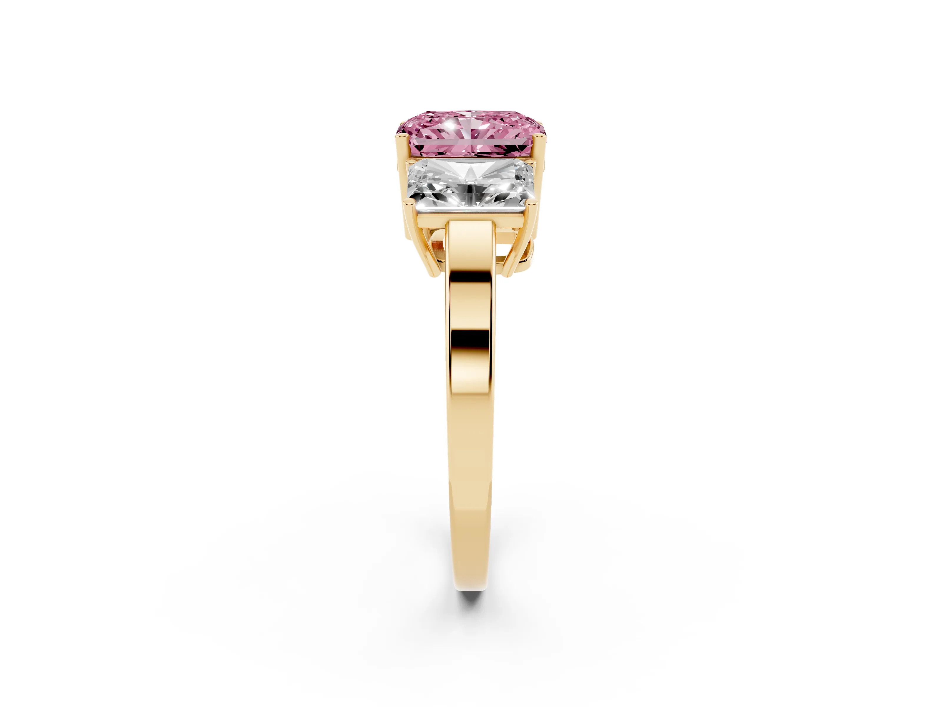 Fancy Pink Radiant Cut Diamond Three-Stone Engagement Ring Set in Yellow gold with Flat Band