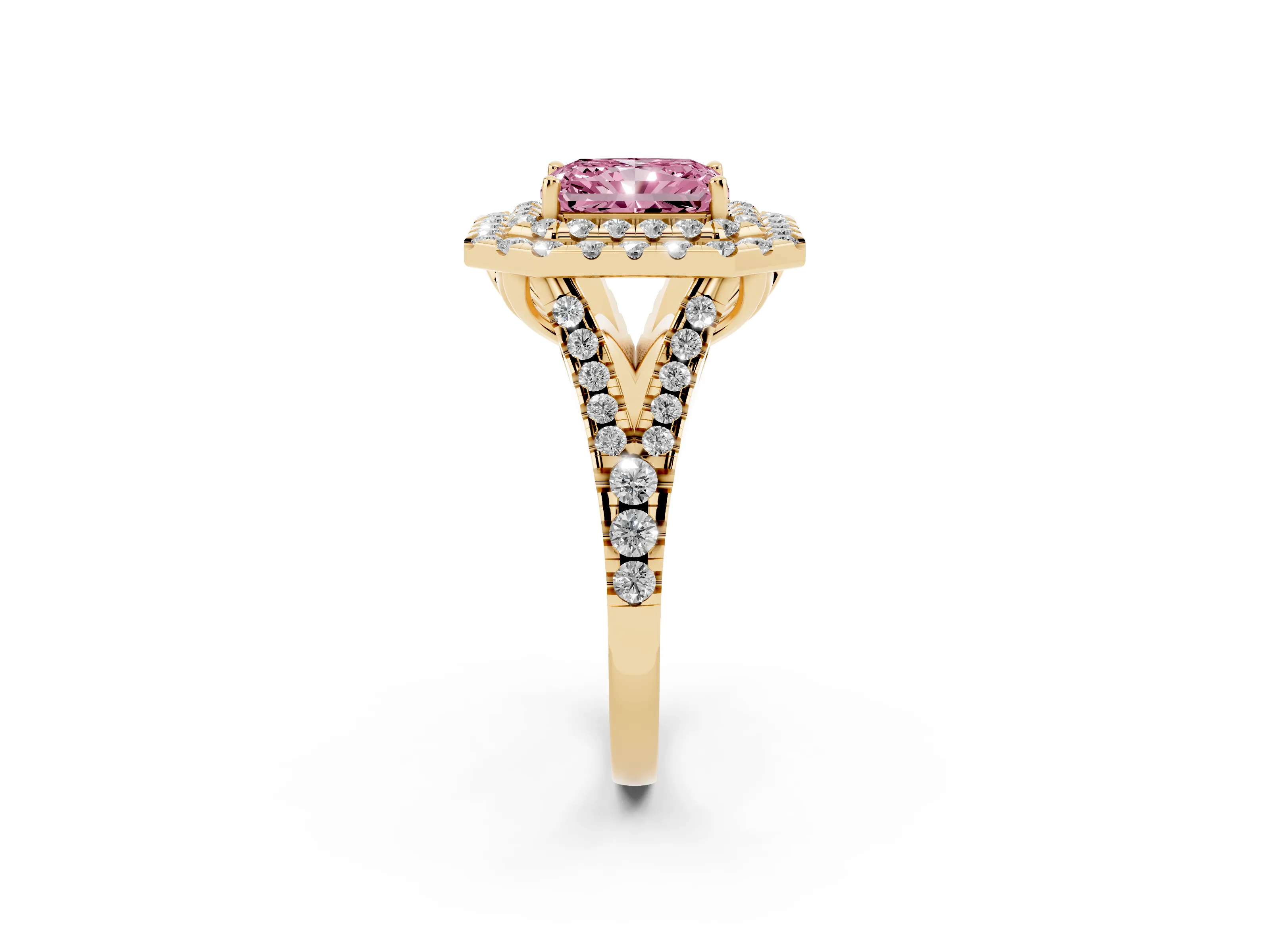 Fancy Pink Radiant Cut Diamond Double Halo Ring Set in Yellow gold with Pavé Split Shank and Prong Setting
