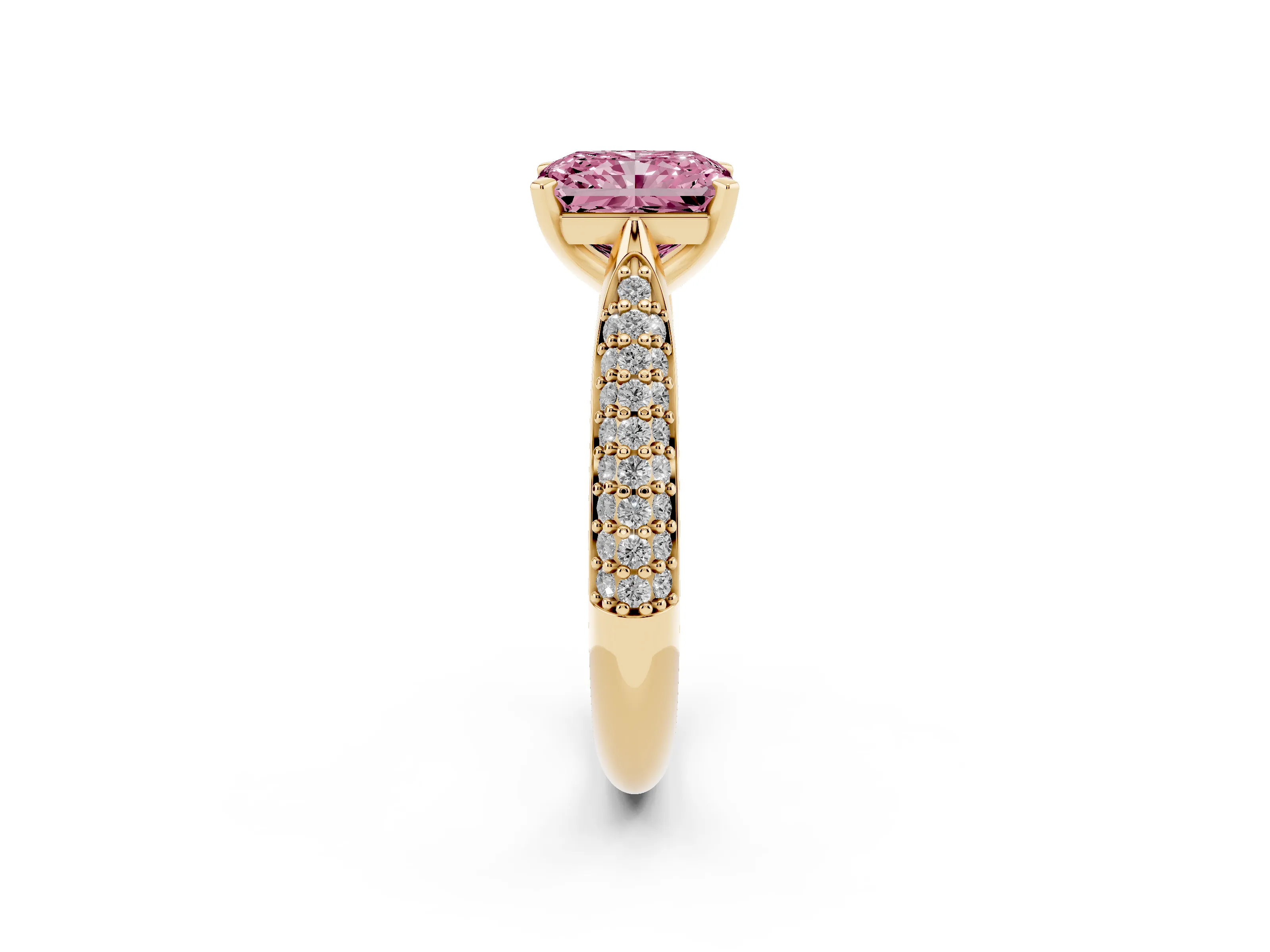 Fancy Pink Radiant Cut Diamond Solitaire Engagement Ring Set in Yellow gold with Multi-Row Round Pavé Band and Prong Setting