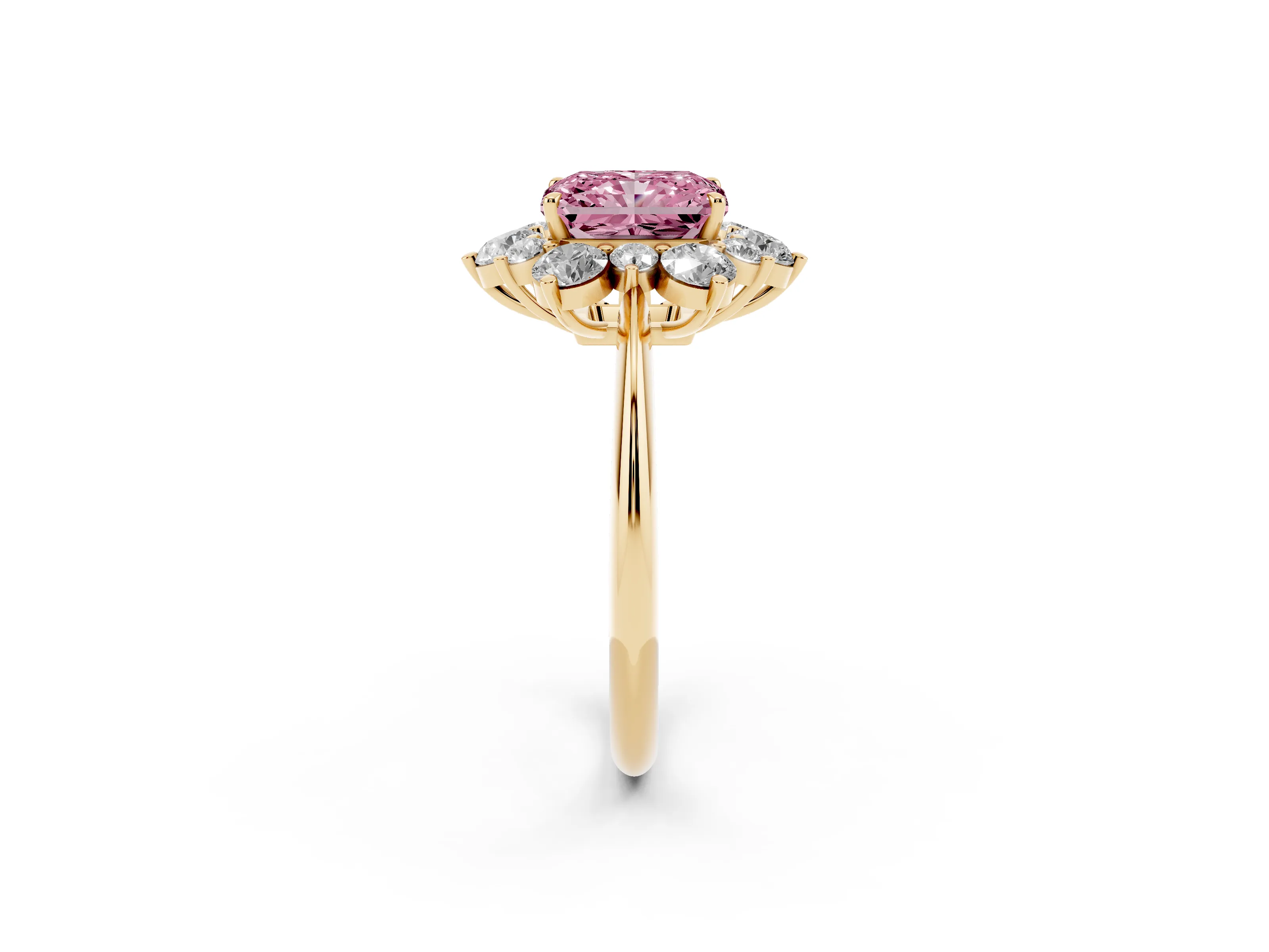 Fancy Pink Radiant Cut Diamond Cluster Halo Ring Set in Yellow gold with Solitaire Band and Prong Setting