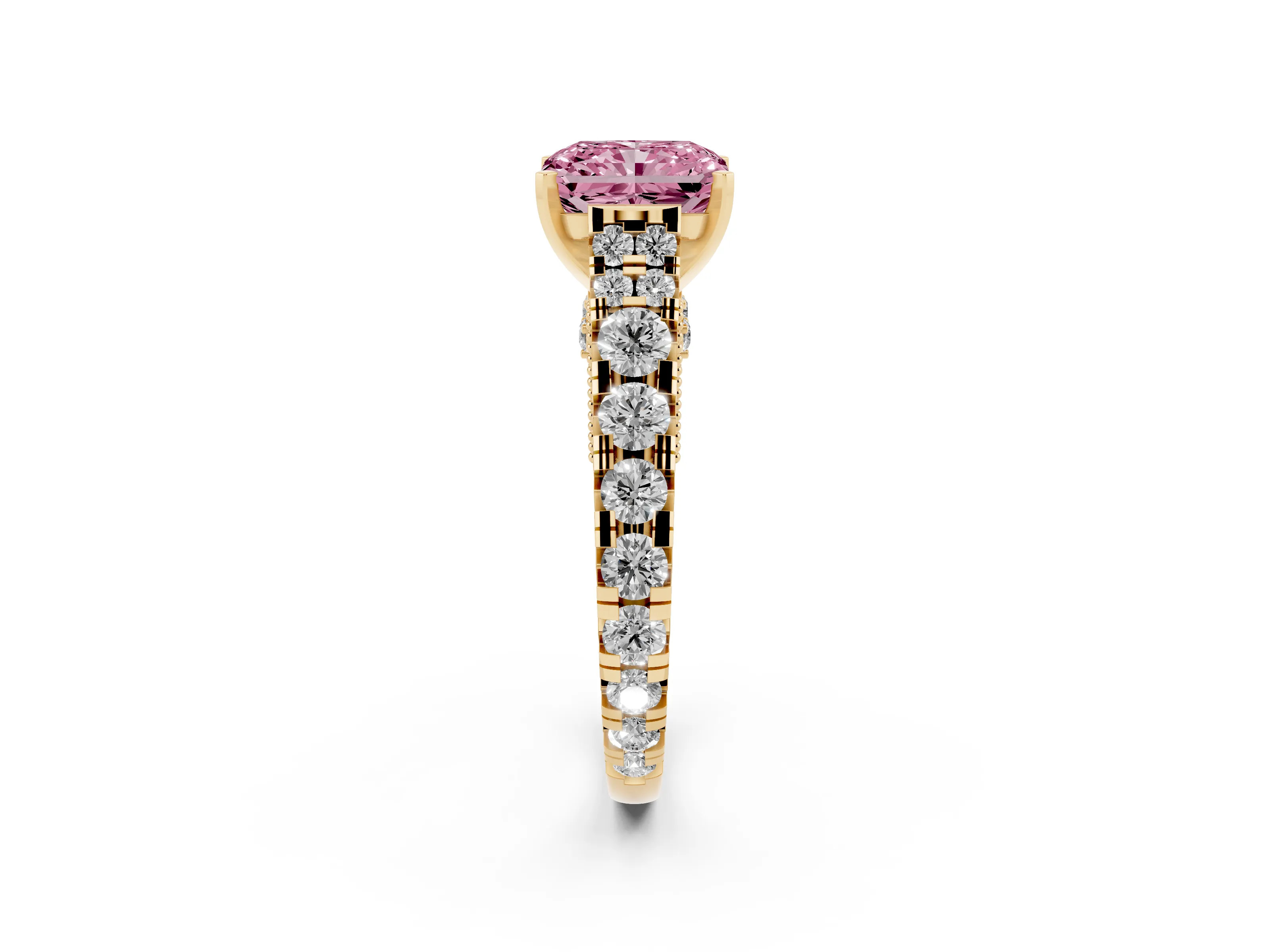 Fancy Pink Radiant Cut Diamond Classic Solitaire Ring Set in Yellow gold with Pavé Band and Prong Setting