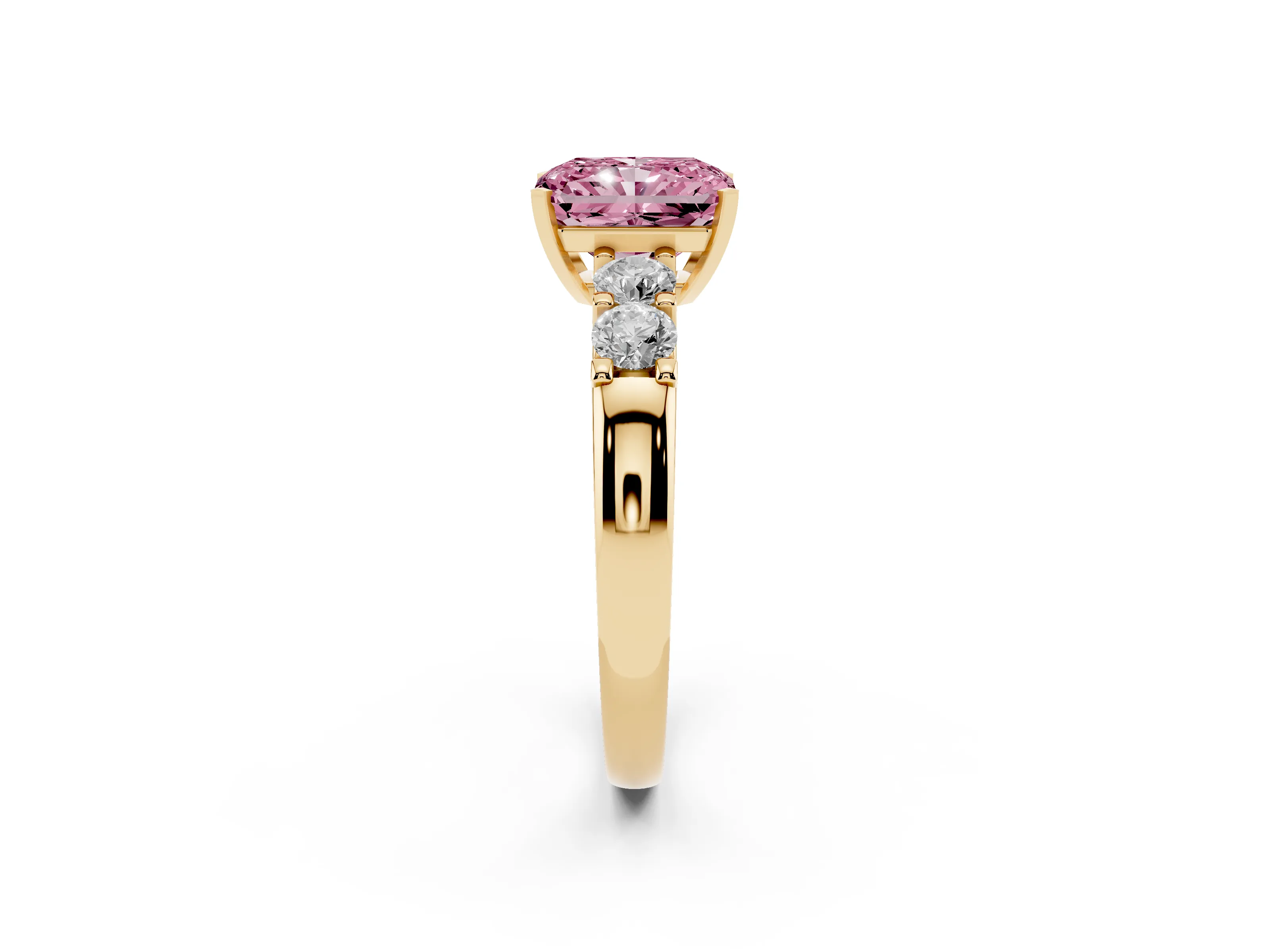 Fancy Pink Radiant Cut Diamond Five-Stone Prong Set Engagement Ring Set in Yellow gold with Channel Band