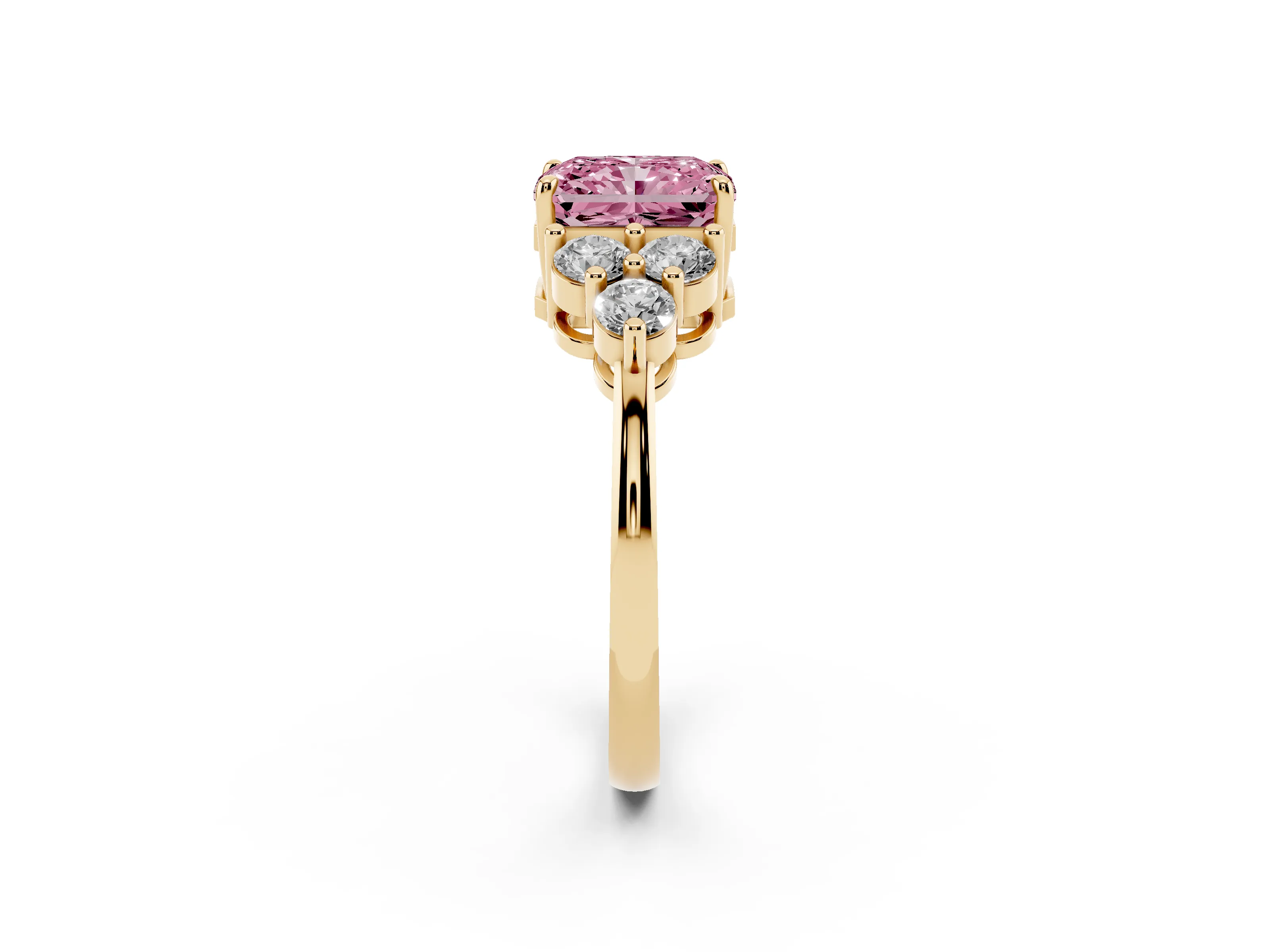 Fancy Pink Radiant Cut Diamond Solitaire Ring Set in Yellow gold with Cluster Accents on Each Side