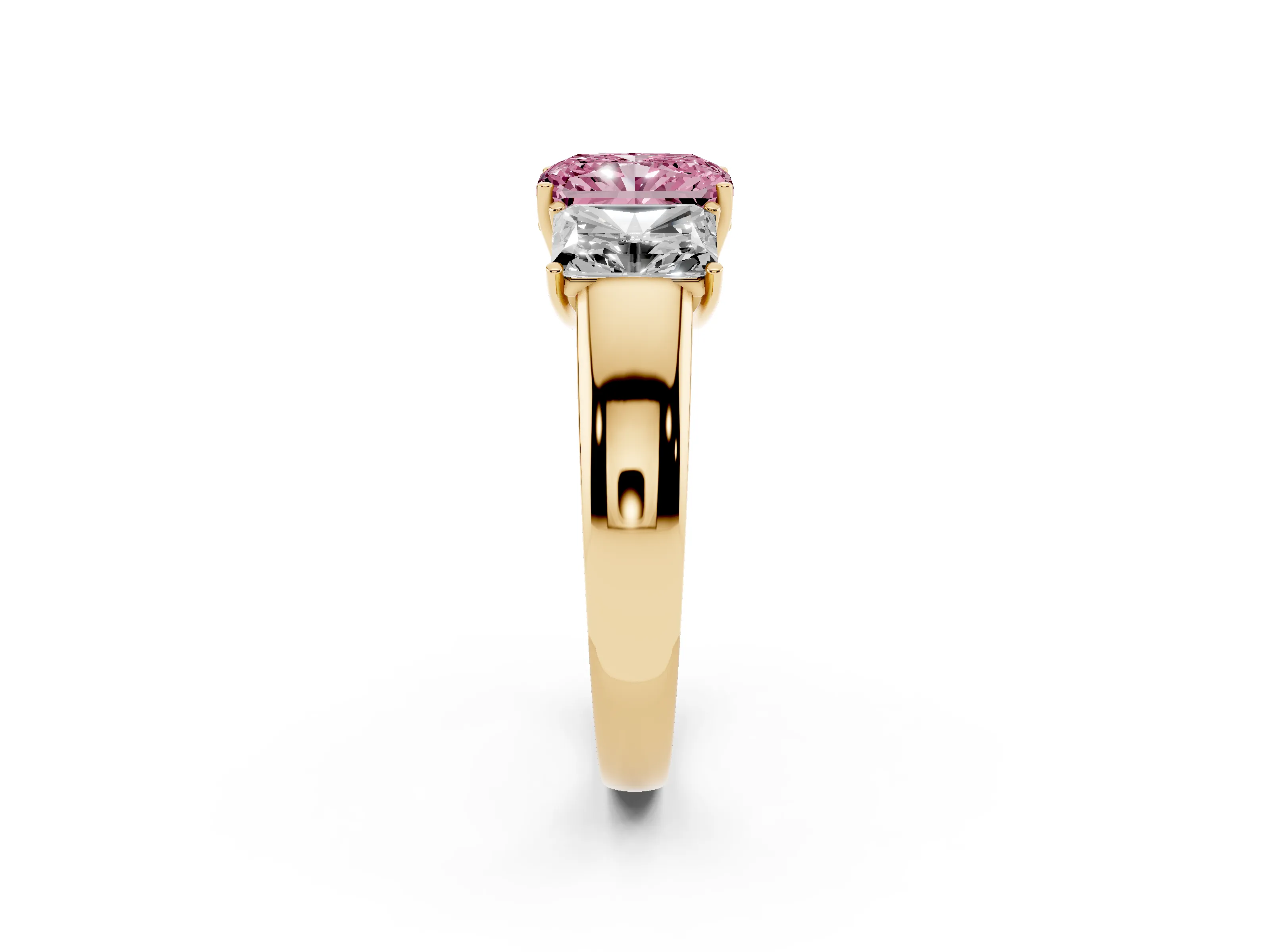 Fancy Pink Three-Stone Radiant Cut Diamond Ring Set in Yellow gold with Matching Prong Settings and Plain Band