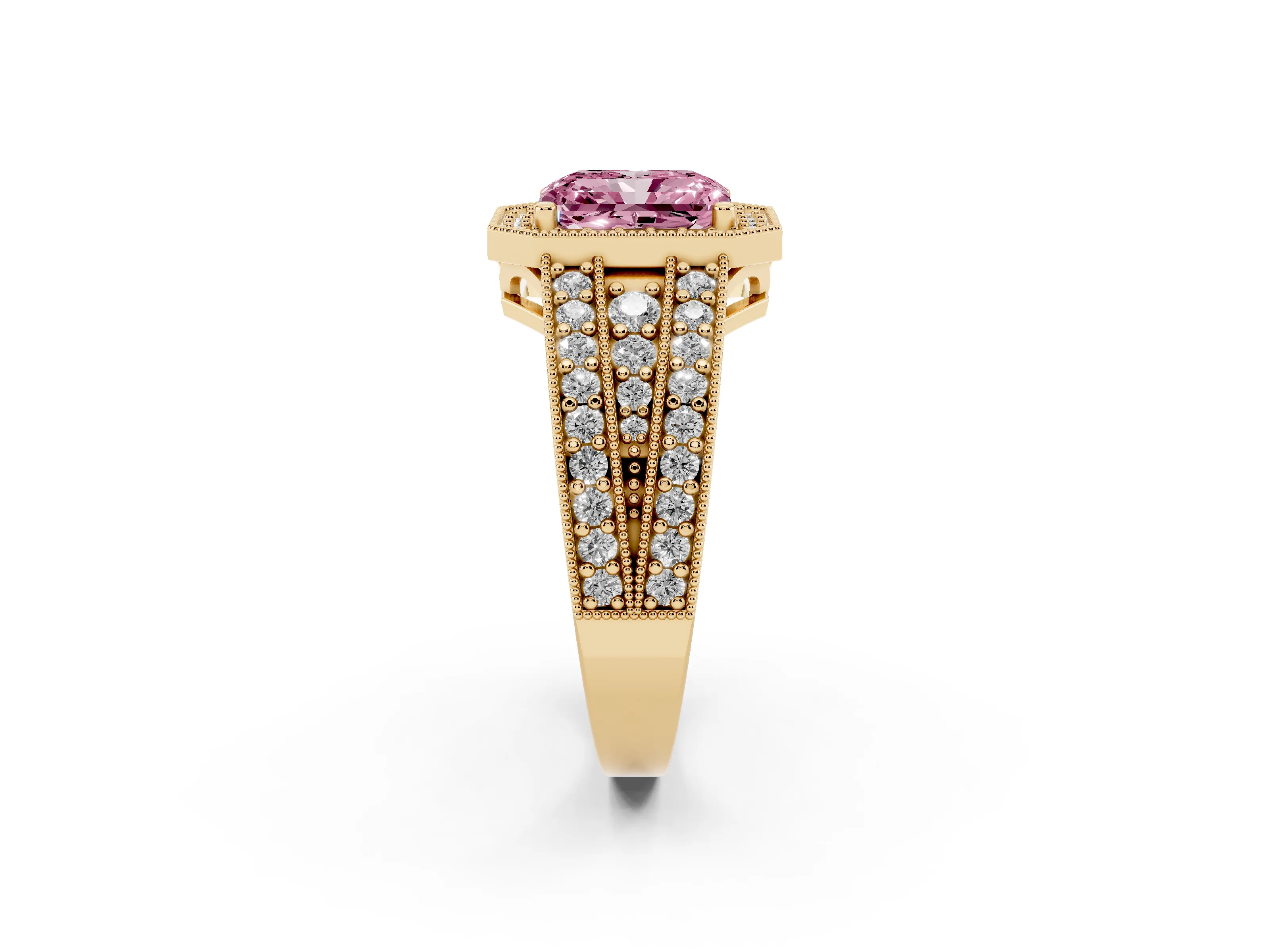 Fancy Pink Radiant Cut Diamond Halo Ring Set in Yellow gold with Accent Split Shank and Prong Setting