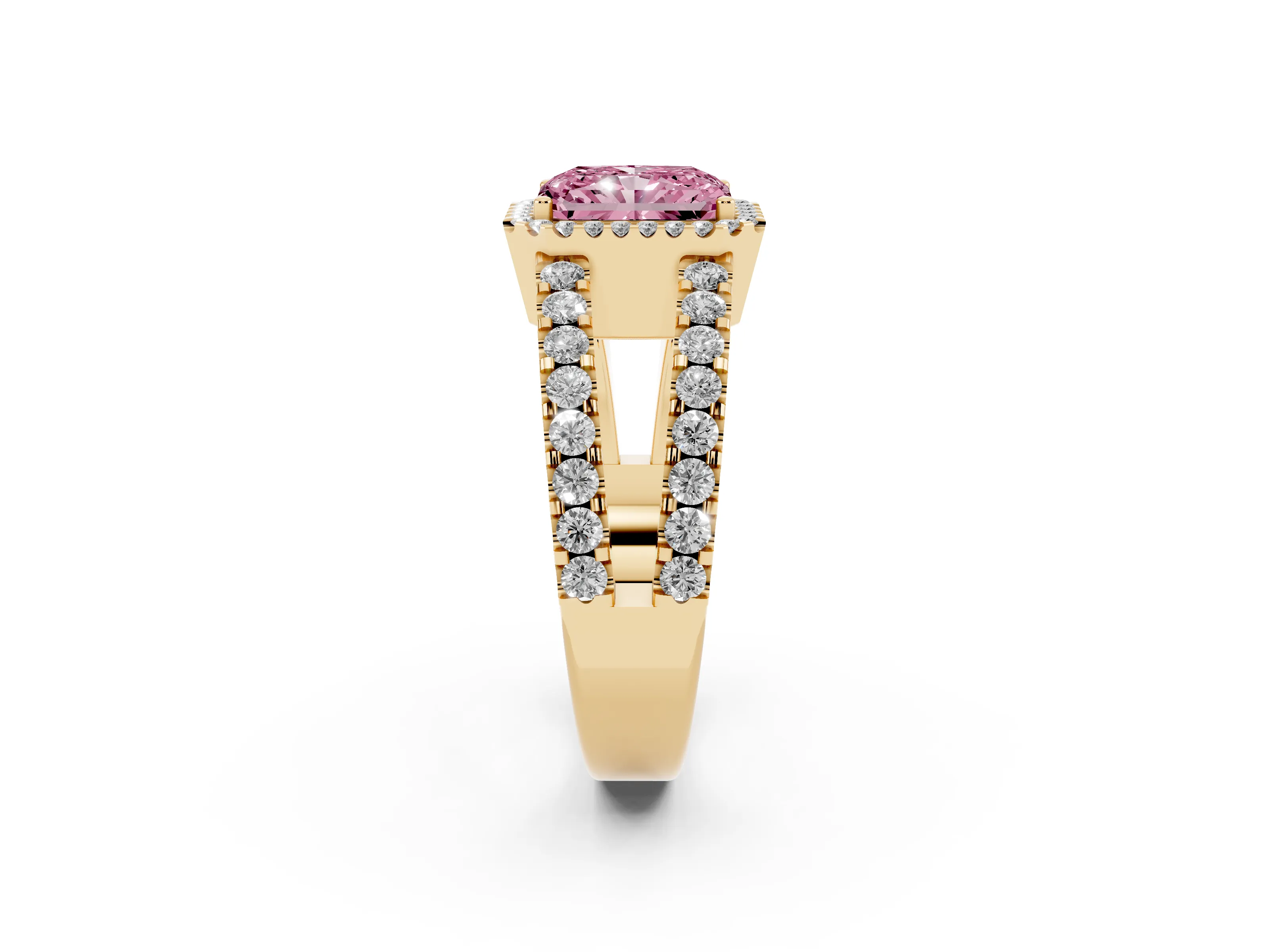 Fancy Pink Radiant Cut Diamond Halo Ring Set in Yellow gold with Pavé Split Shank and Prong Setting