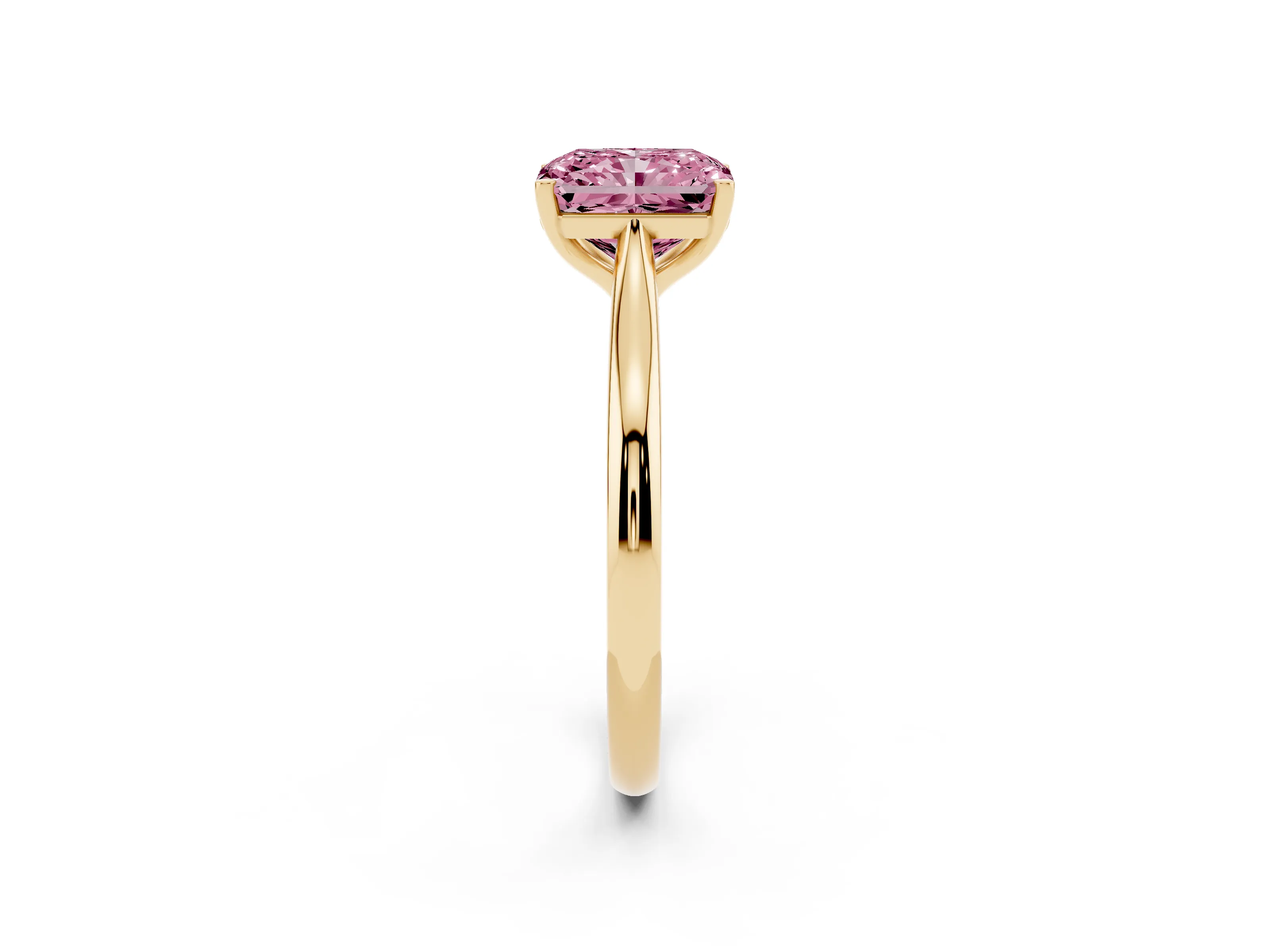 Fancy Pink Radiant Cut Diamond Solitaire Ring Set in Yellow gold with Cathedral Band and Prong Setting