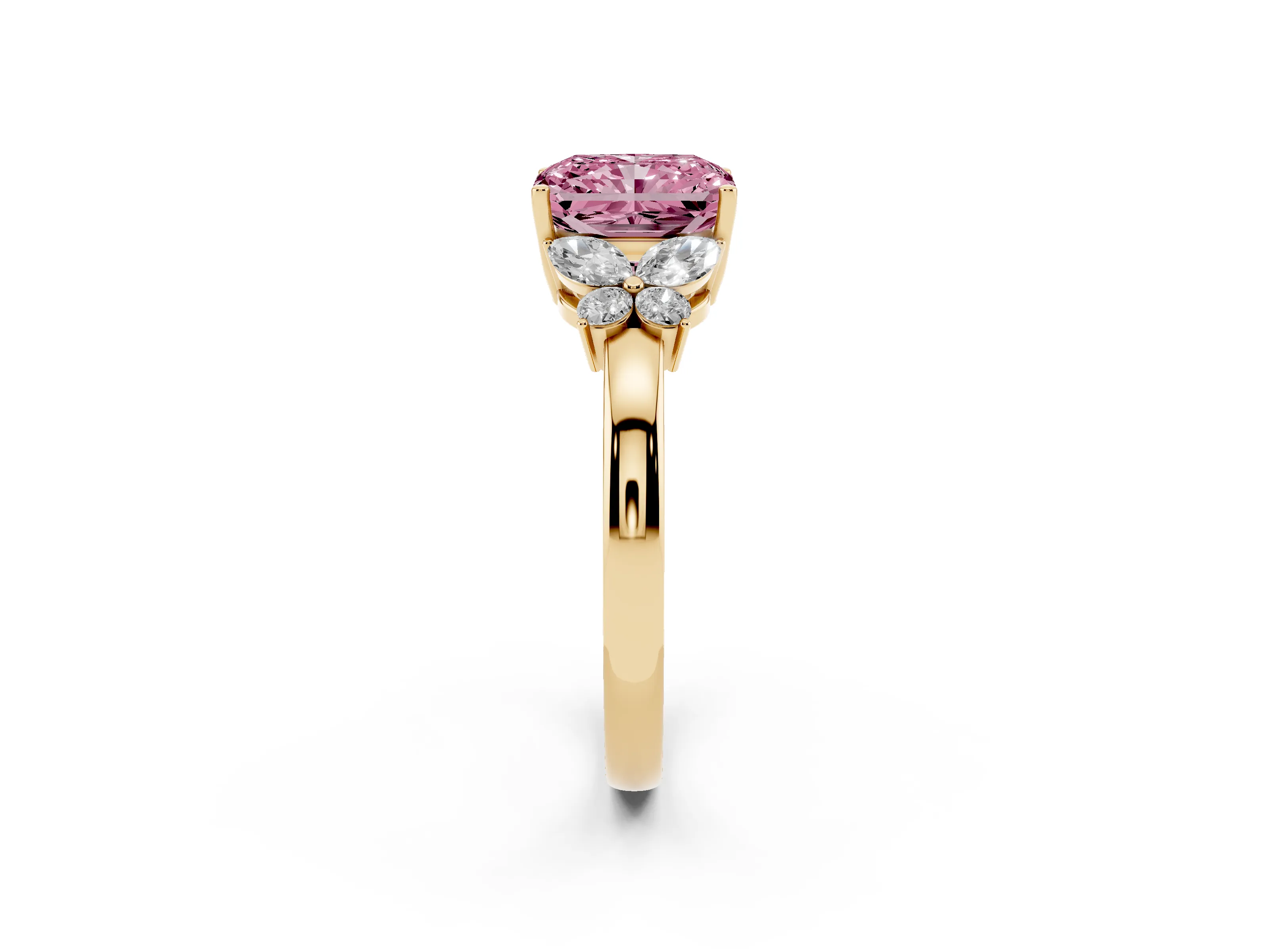 Fancy Pink Radiant Cut Diamond Solitaire Floral Ring Set in Yellow gold with Marquise Petals and Prong Setting