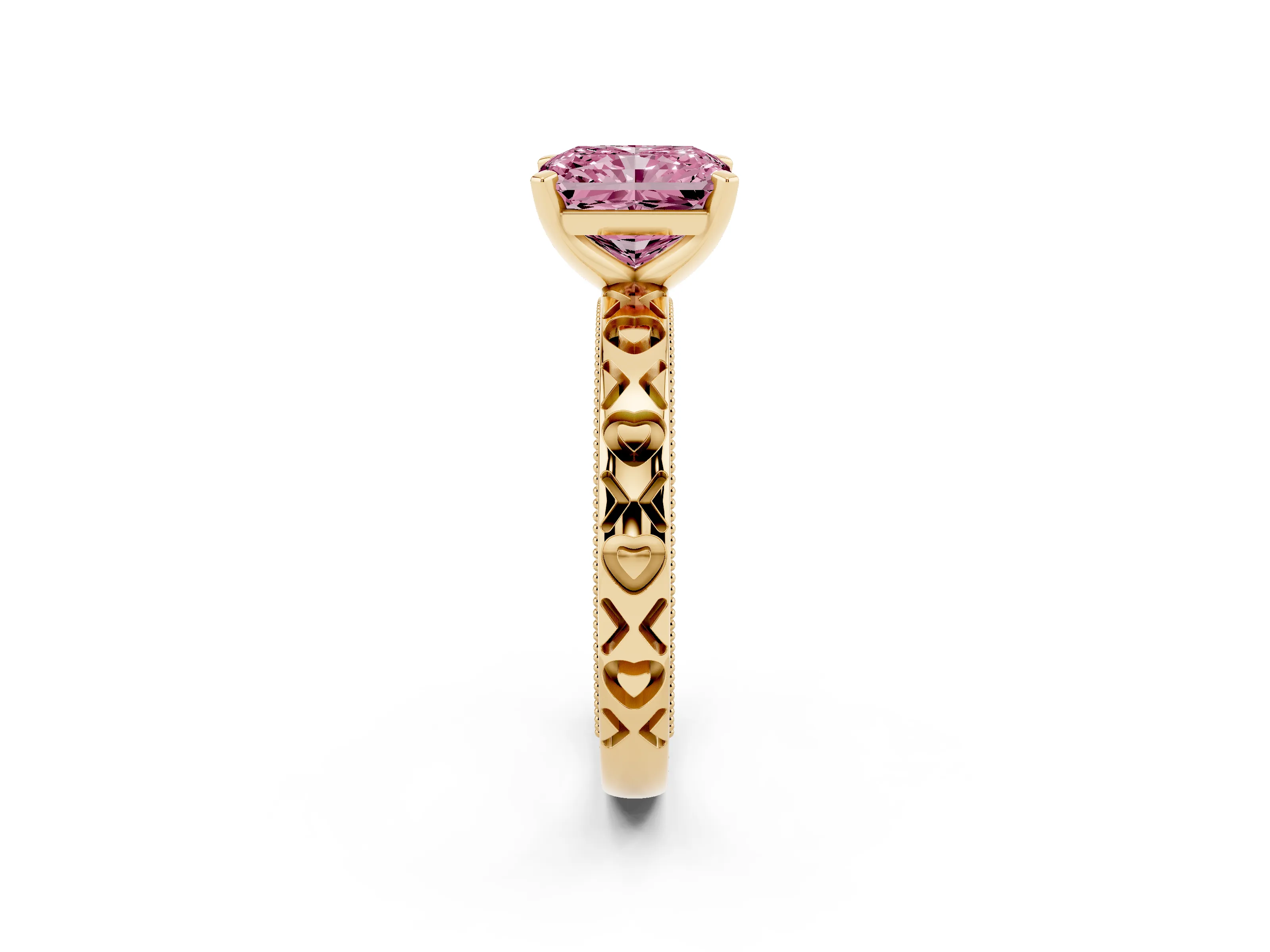 Fancy Pink Radiant Cut Diamond Solitaire Engagement Ring Set in Yellow gold with XO Engraved Band and Prong Setting